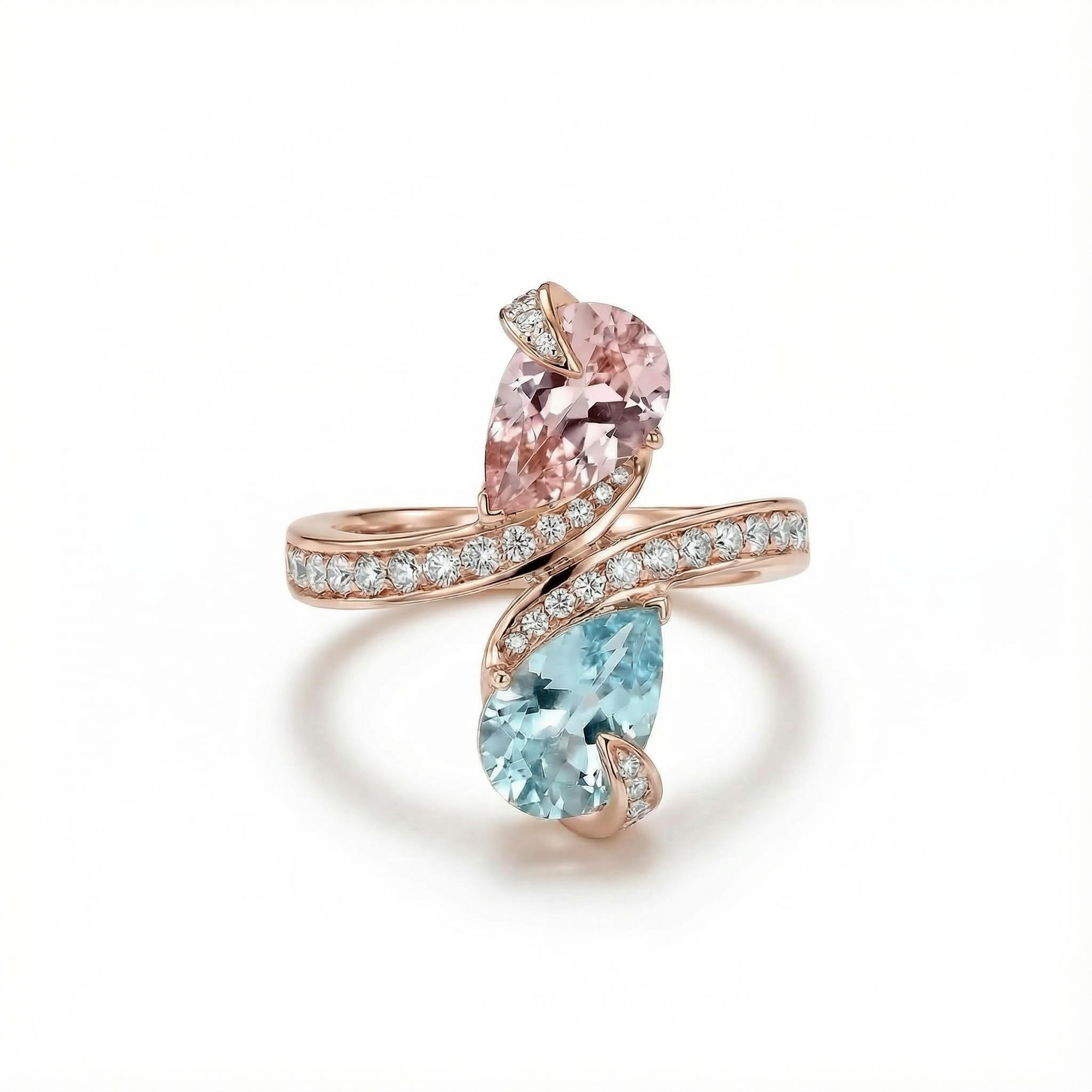 S925 Silver Bypass Style Pink & Blue Pear Diamond Ring