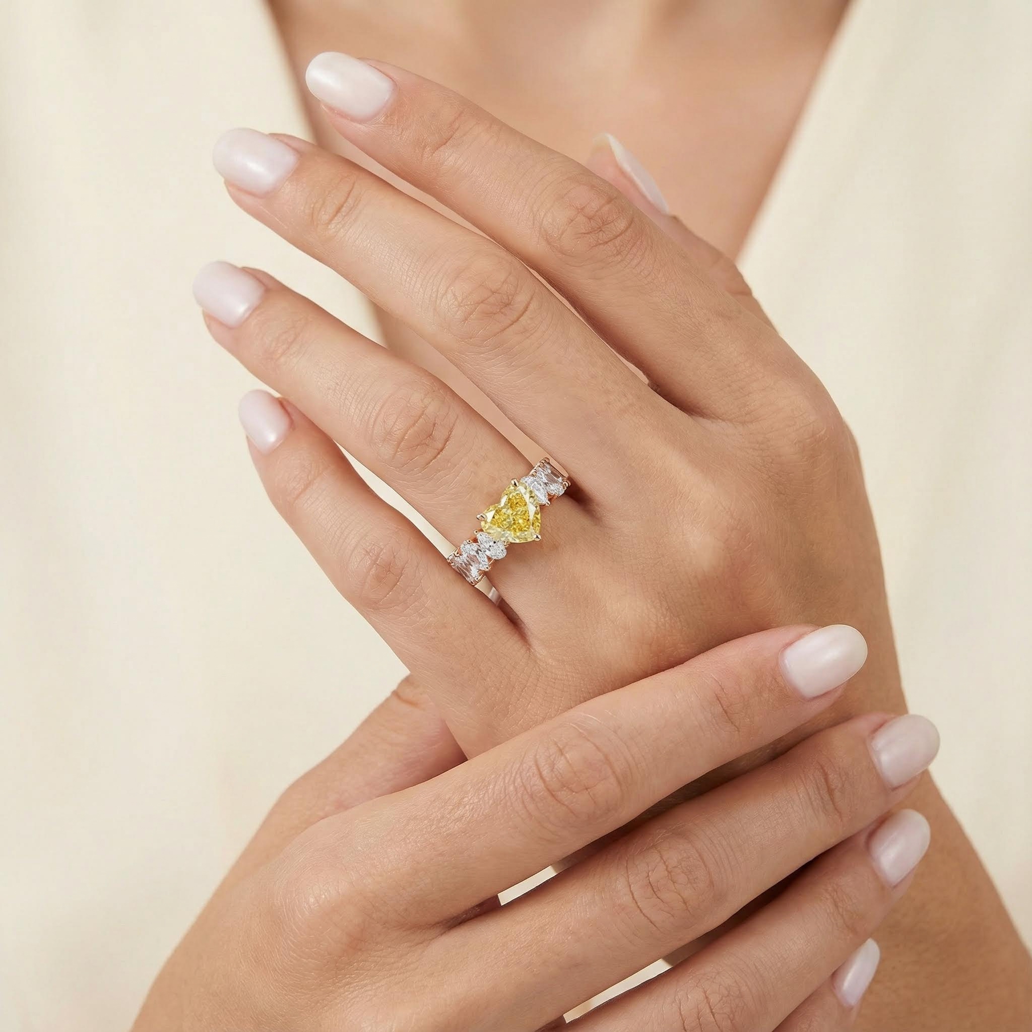 S925 Silver Yellow Heart Cut Diamond Pave Engagement Ring