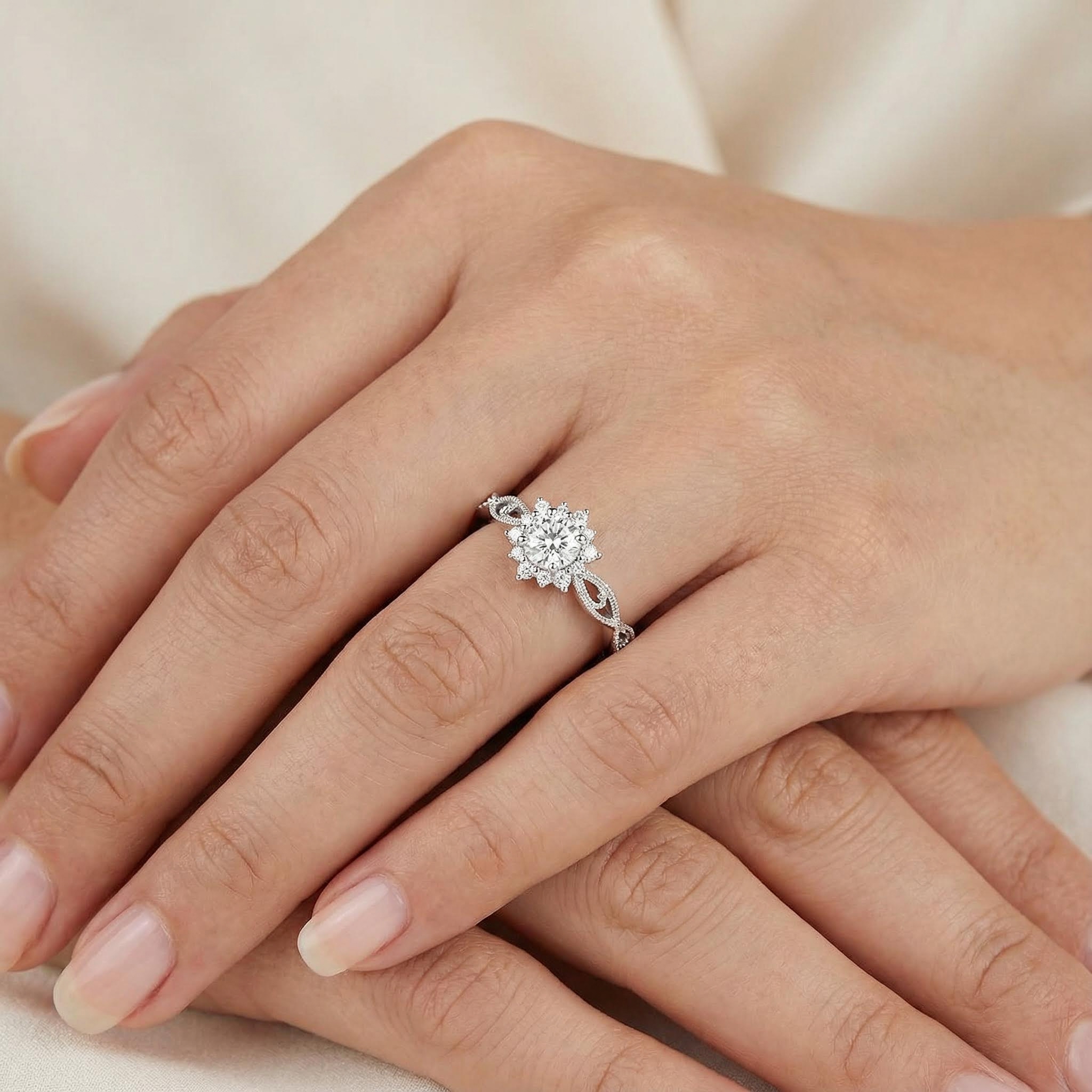 Vintage Round Cut VVS Moissanite S925 Silver Twisted Engagement Ring