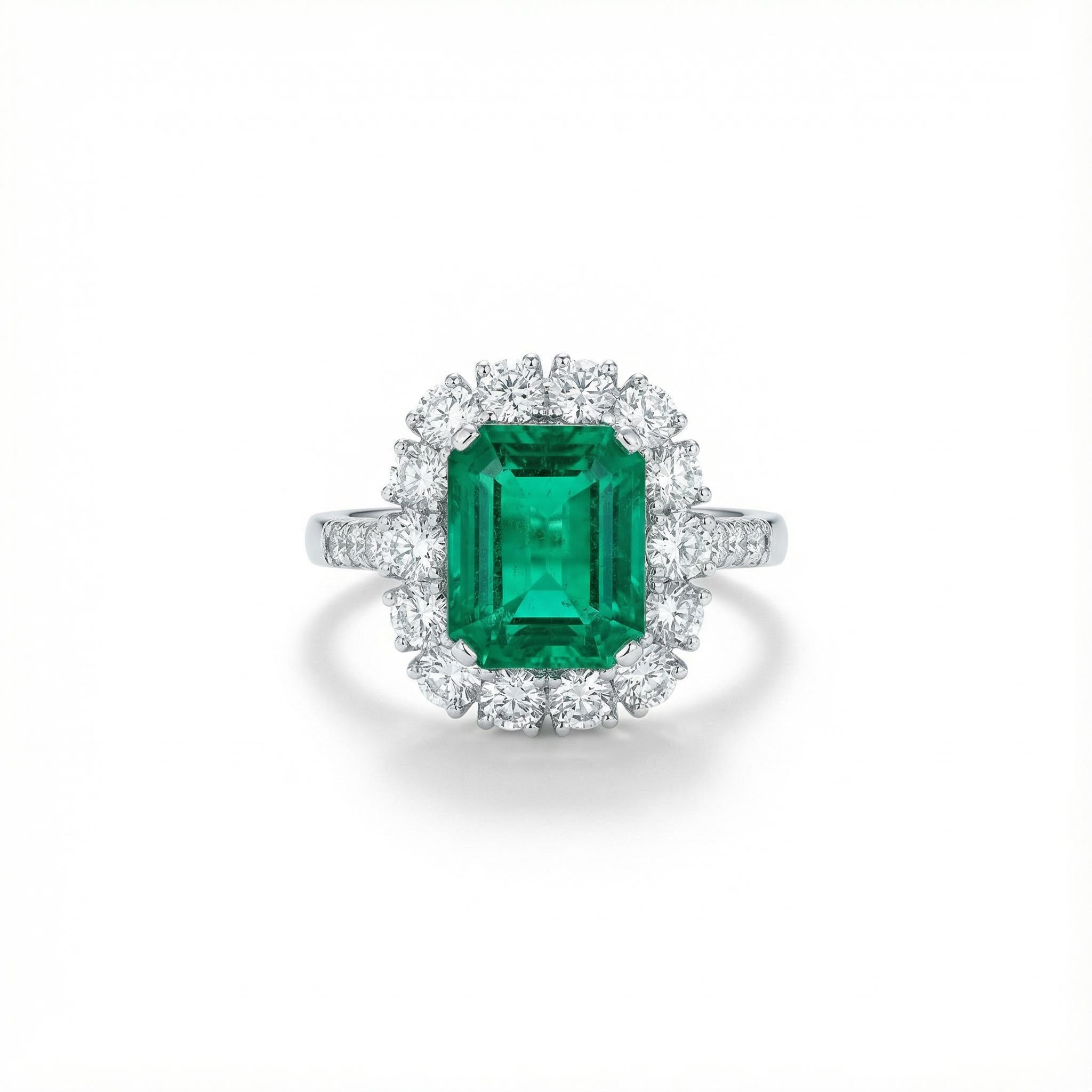 S925 Silver Emerald Diamond Halo Engagement Ring