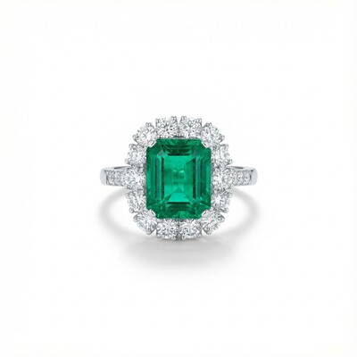 S925 Silver Emerald Diamond Halo Engagement Ring
