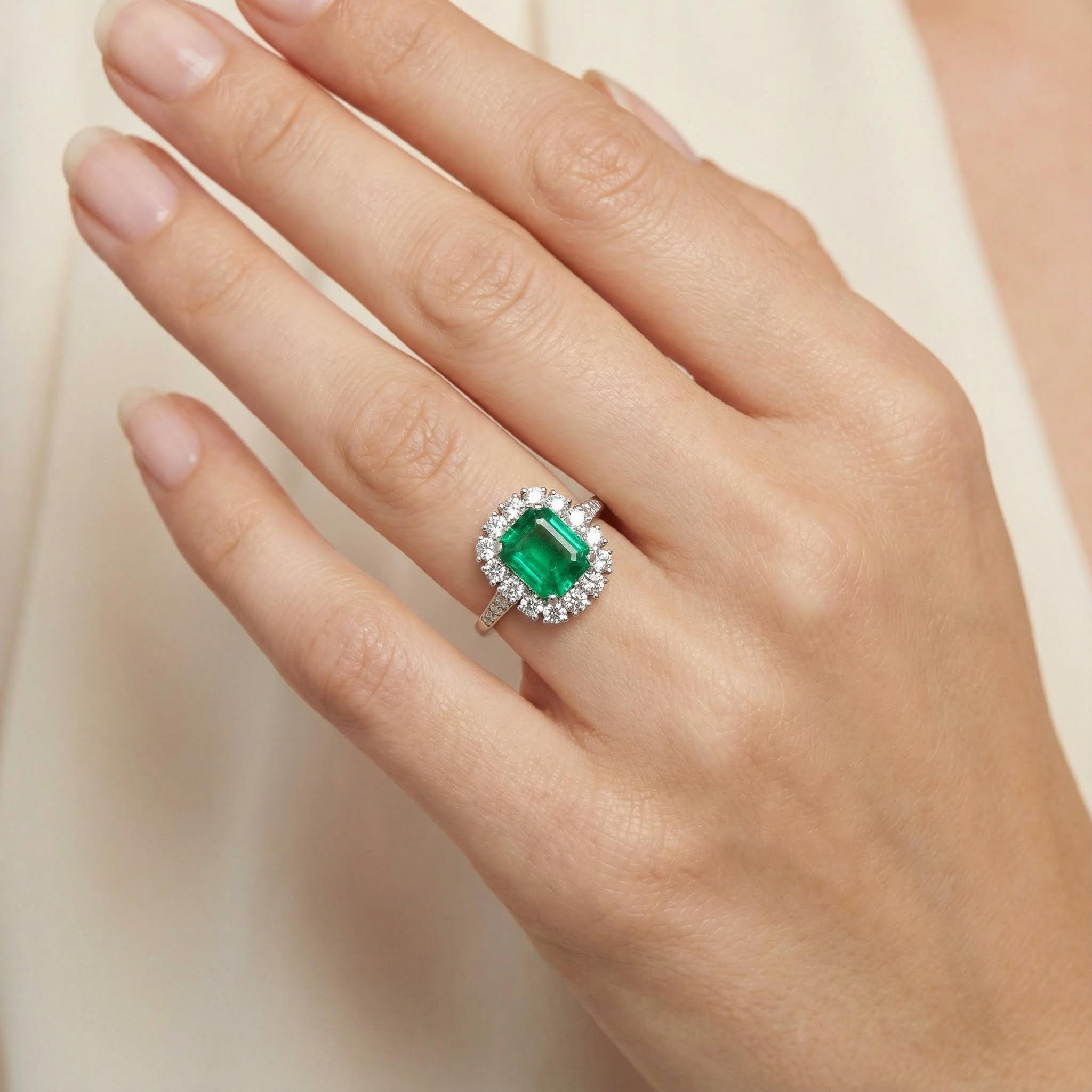 S925 Silver Emerald Diamond Halo Engagement Ring