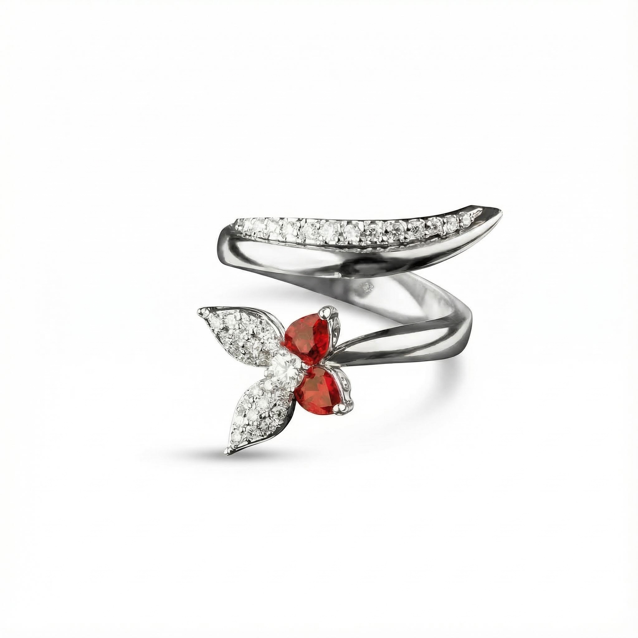 S925 Silver Butterfly Ruby Diamond Pave Wrap Ring