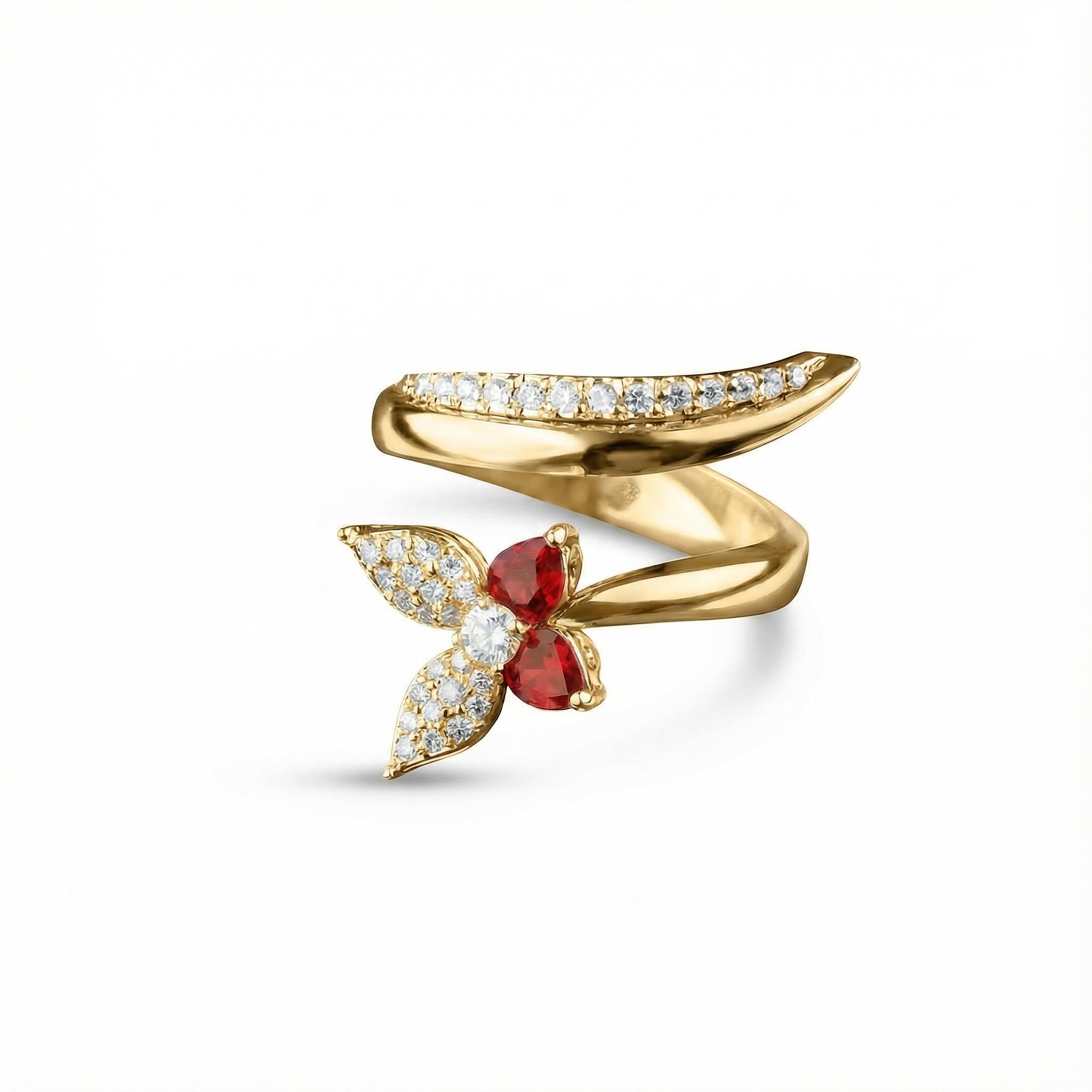 S925 Silver Butterfly Ruby Diamond Pave Wrap Ring