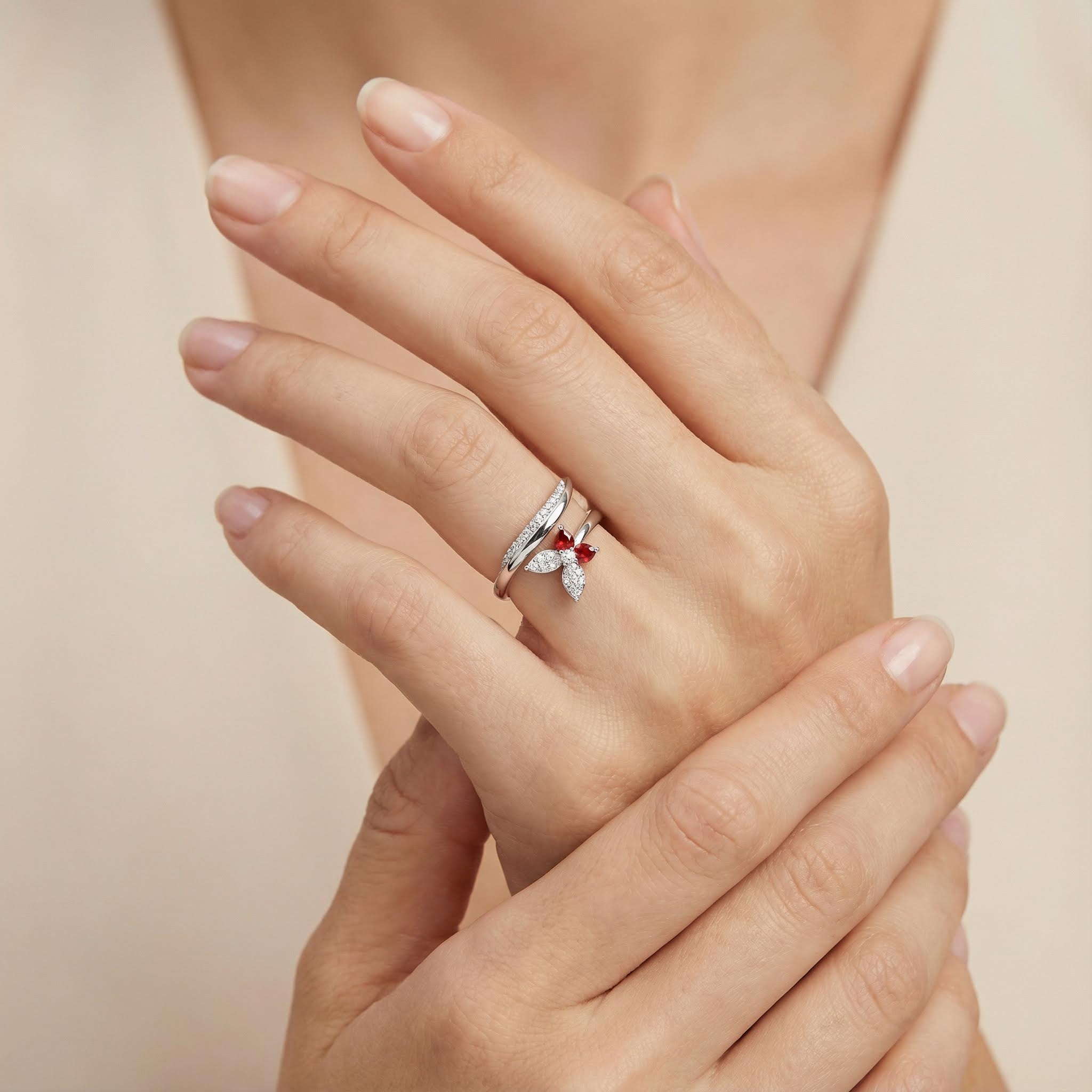 S925 Silver Butterfly Ruby Diamond Pave Wrap Ring