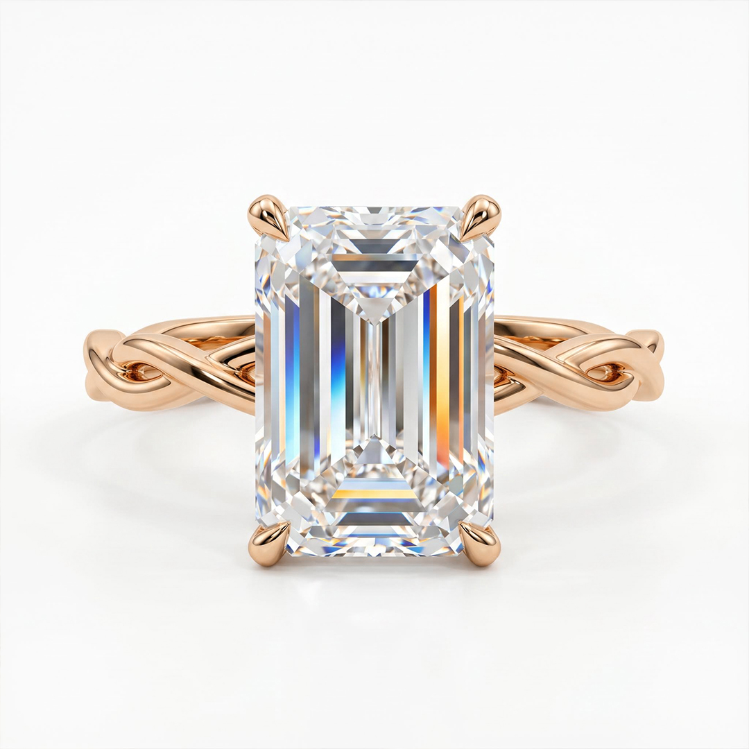 10.11ct. tw. Emerald Cut VVS Moissanite Twisted Engagement Ring