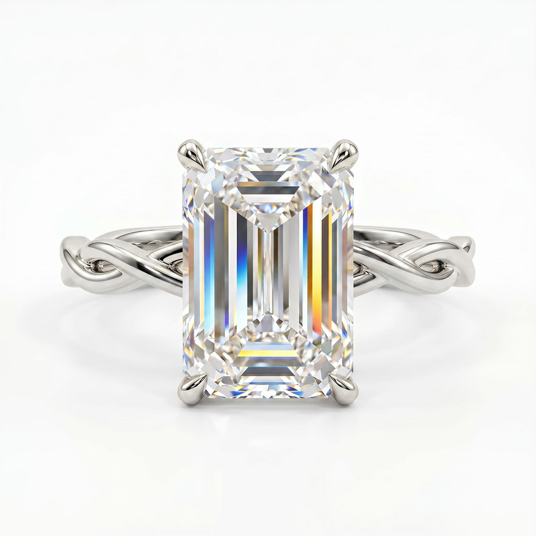 10.11ct. tw. Emerald Cut VVS Moissanite Twisted Engagement Ring