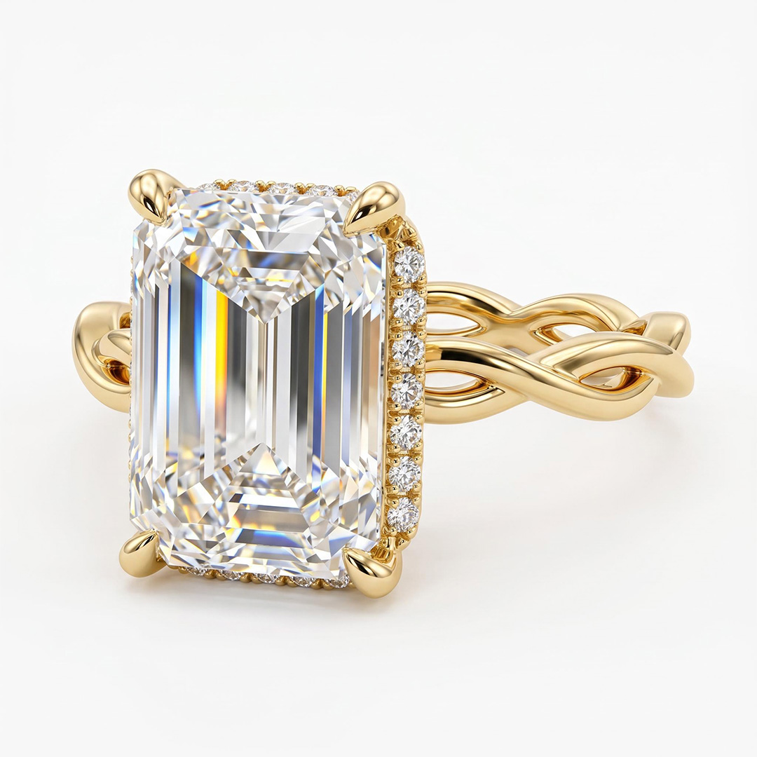 10.11ct. tw. Emerald Cut VVS Moissanite Twisted Engagement Ring