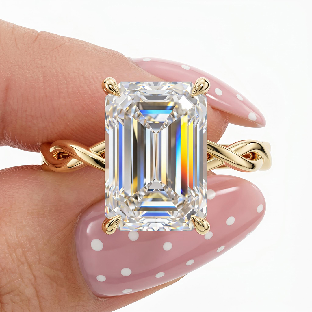 10.11ct. tw. Emerald Cut VVS Moissanite Twisted Engagement Ring