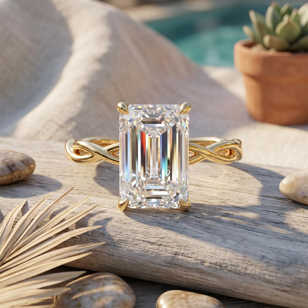 10.11ct. tw. Emerald Cut VVS Moissanite Twisted Engagement Ring