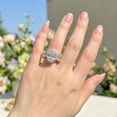 6 CT Pear Cut VVS Moissanite Wide Band Teardrop Engagement Ring