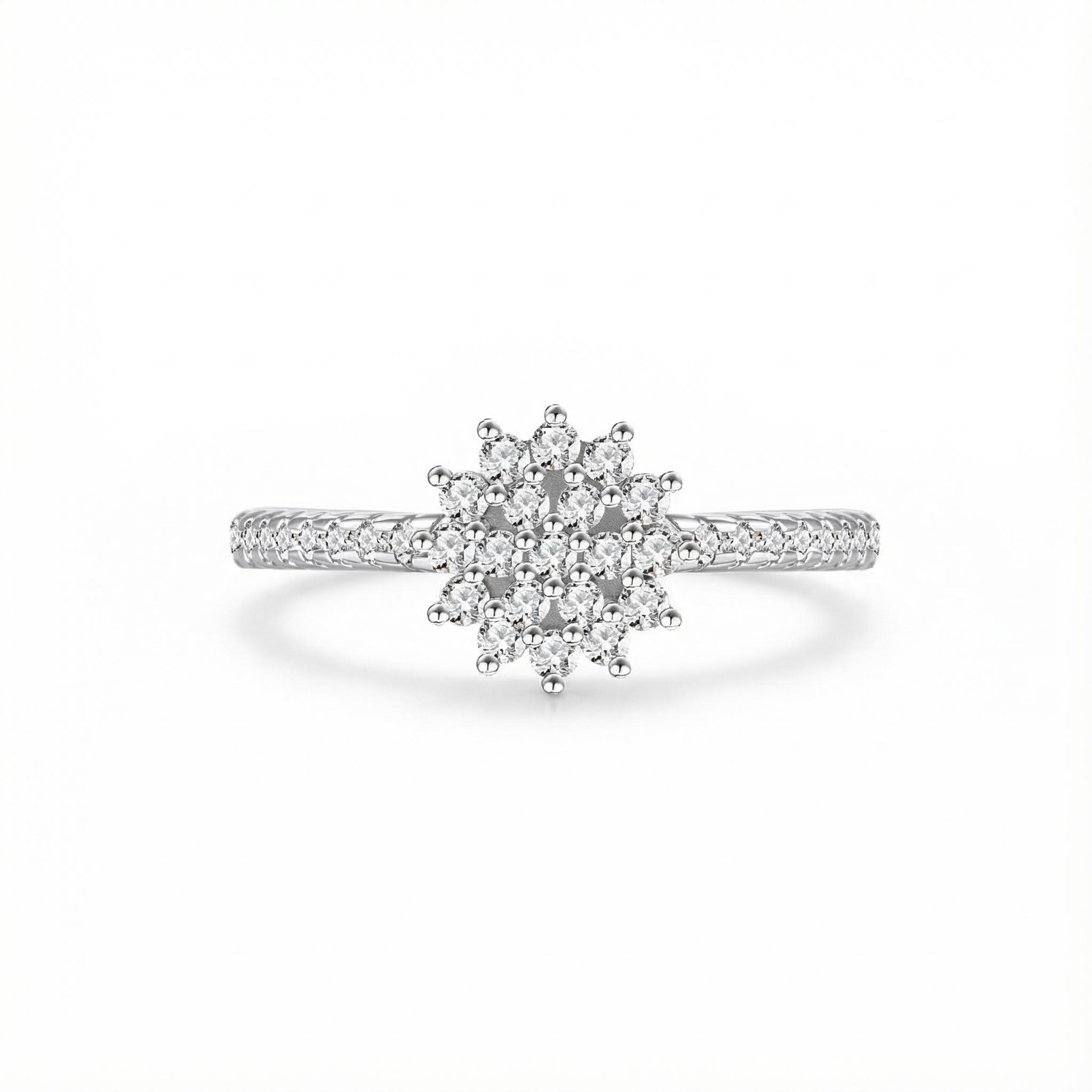 S925 Silver Round Diamond Flower Cluster Engagement Ring