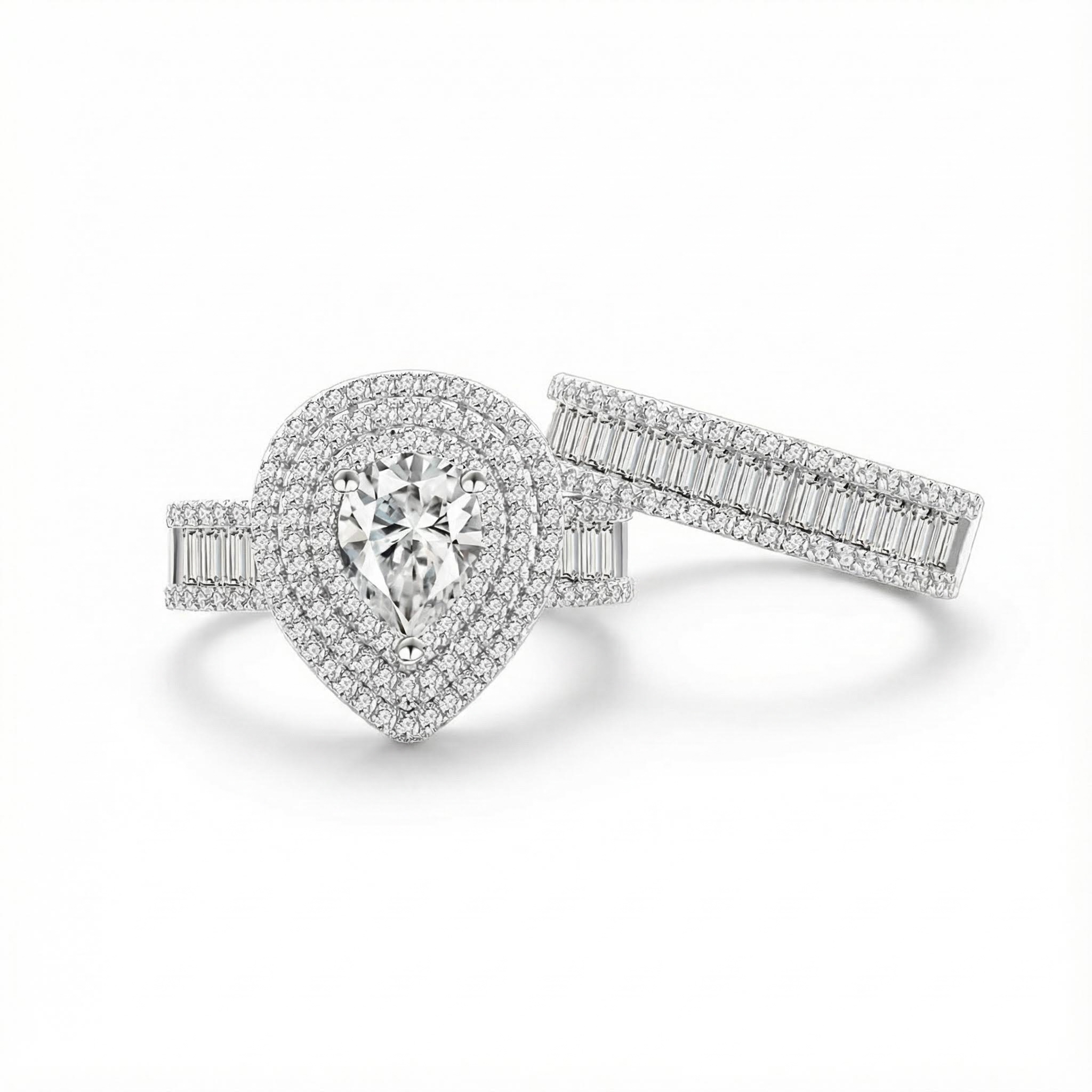 S925 Silver Three Halo Pear Cut Diamond Engagement Ring Set
