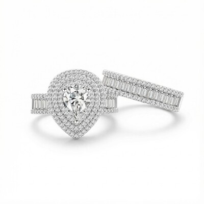 S925 Silver Three Halo Pear Cut Diamond Engagement Ring Set