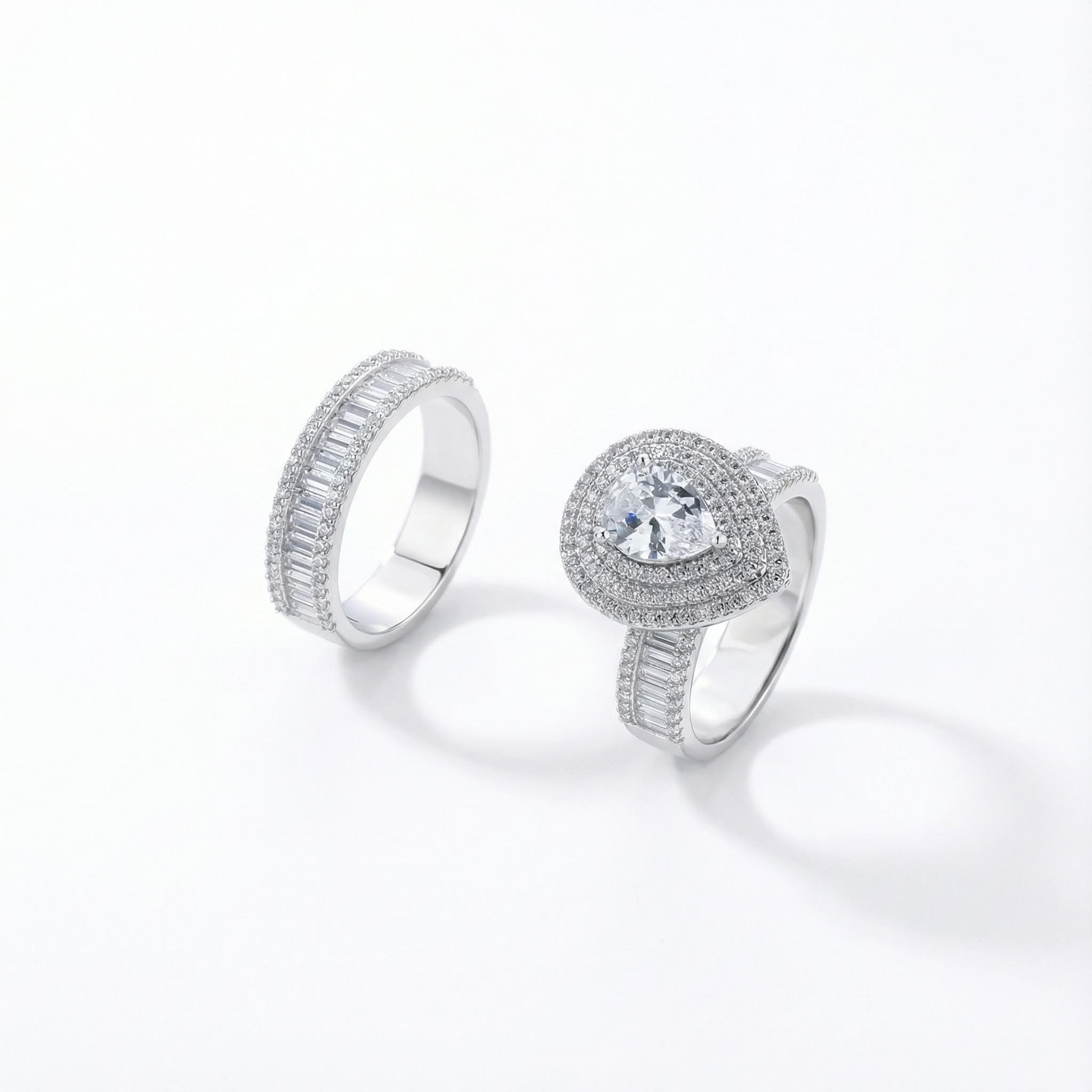 S925 Silver Three Halo Pear Cut Diamond Engagement Ring Set