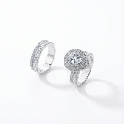 S925 Silver Three Halo Pear Cut Diamond Engagement Ring Set