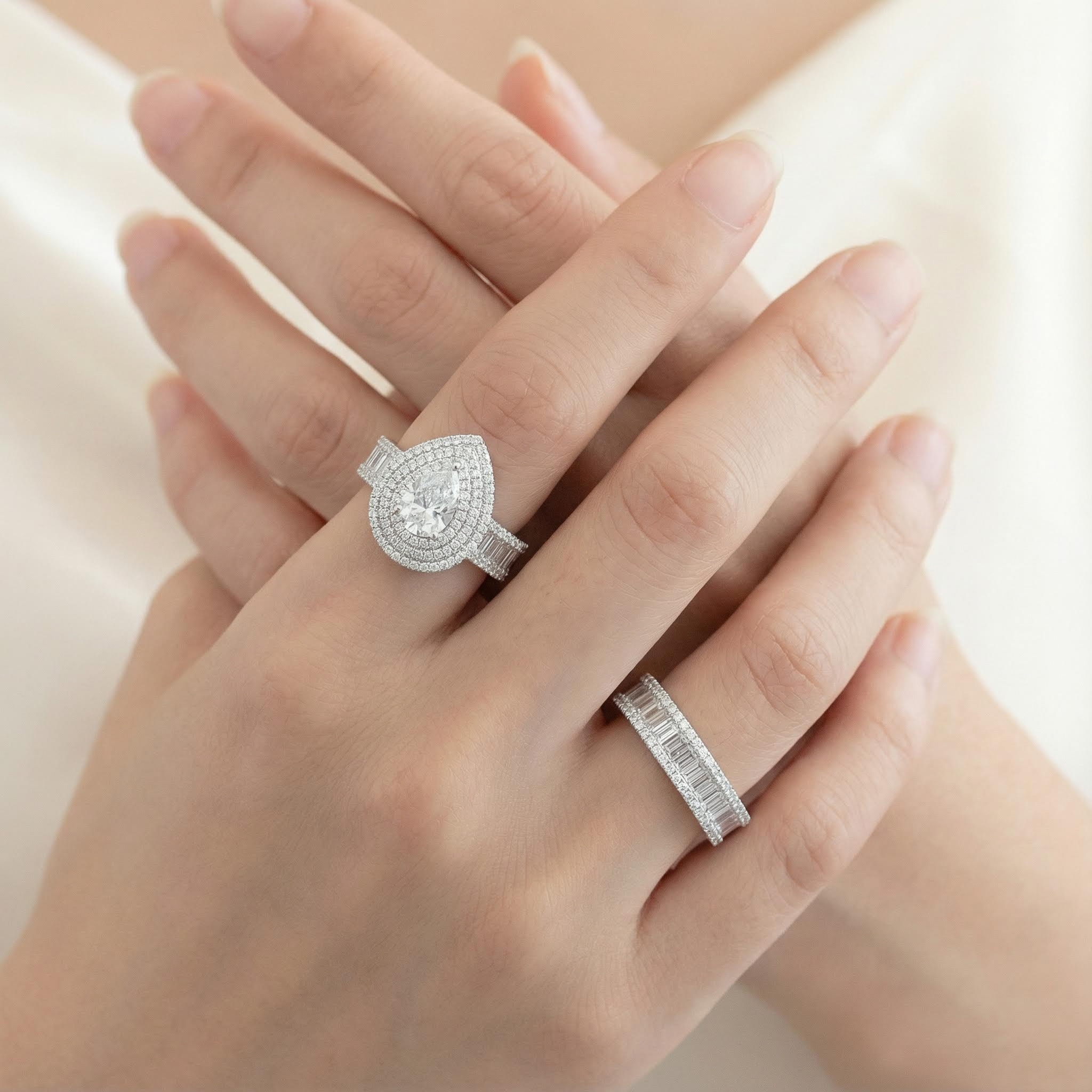 S925 Silver Three Halo Pear Cut Diamond Engagement Ring Set