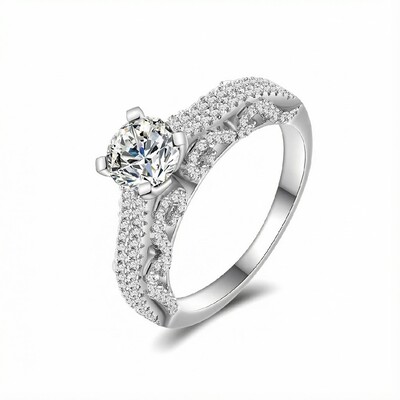 S925 Silver Round Diamond Pave Engagement Ring