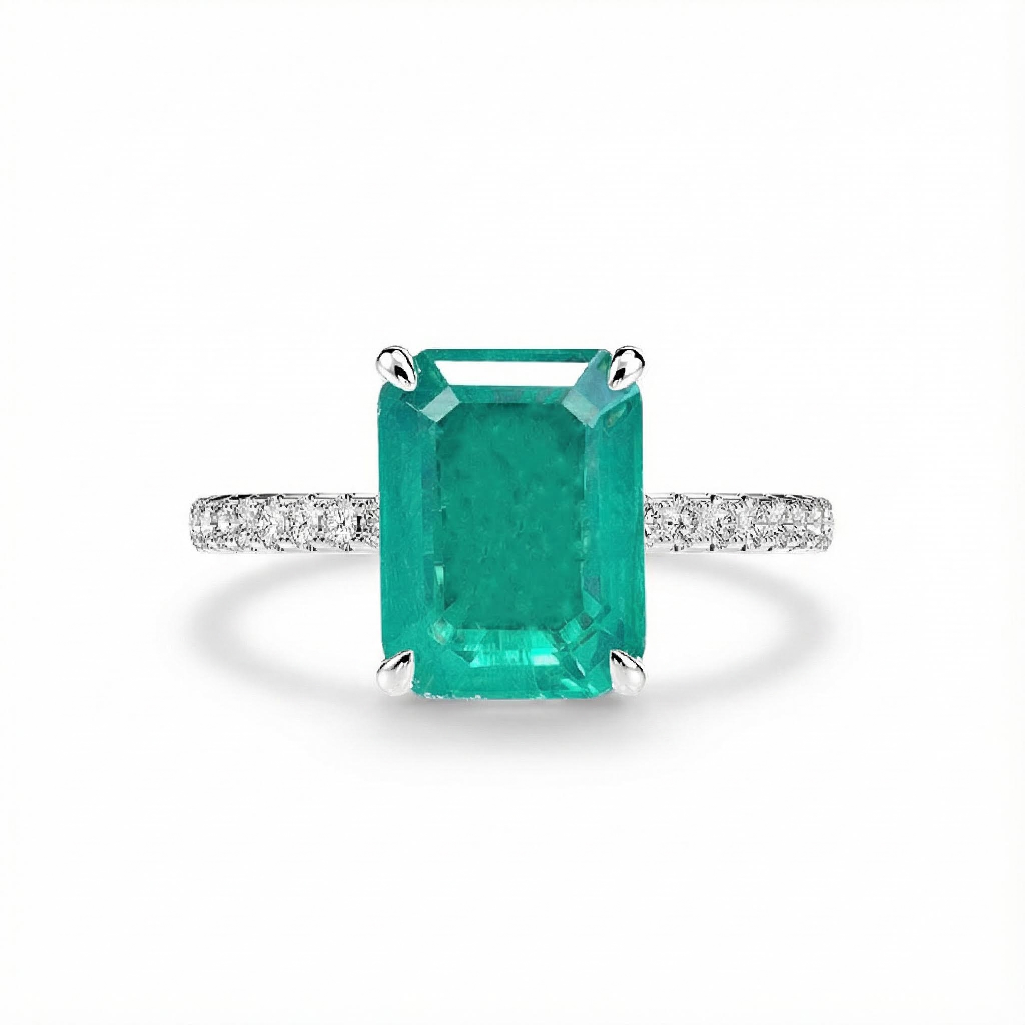 S925 Silver 4CT Emerald & Side Diamonds Engagement Ring