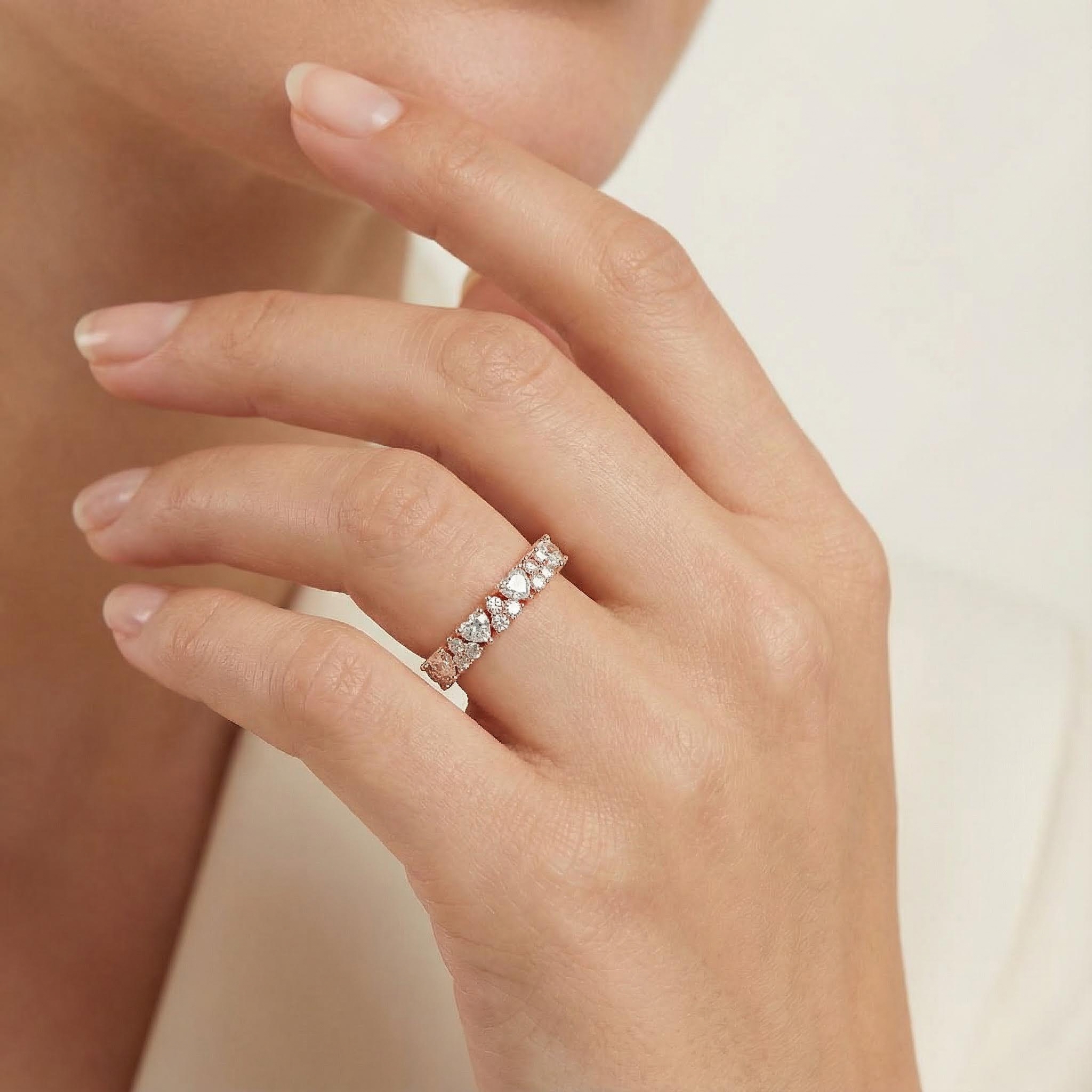 Round & Heart Cut VVS Moissanite Half Eternity Wedding Band