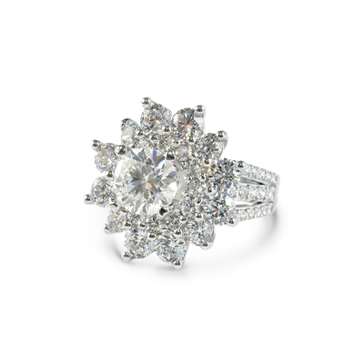 Round Cut VVS Moissanite Floral Style Cluster Halo Engagement Ring