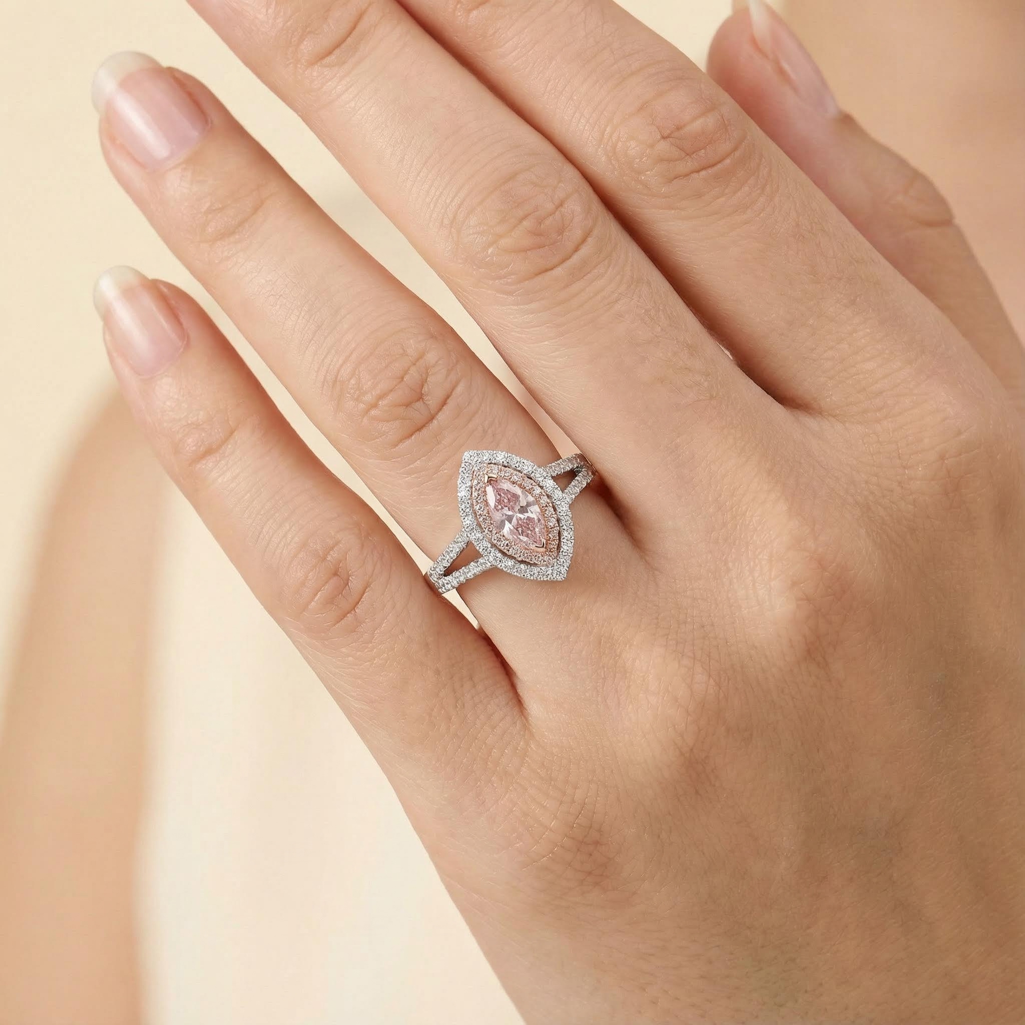 S925 Silver Pink Marquise Diamond Halo Engagement Ring