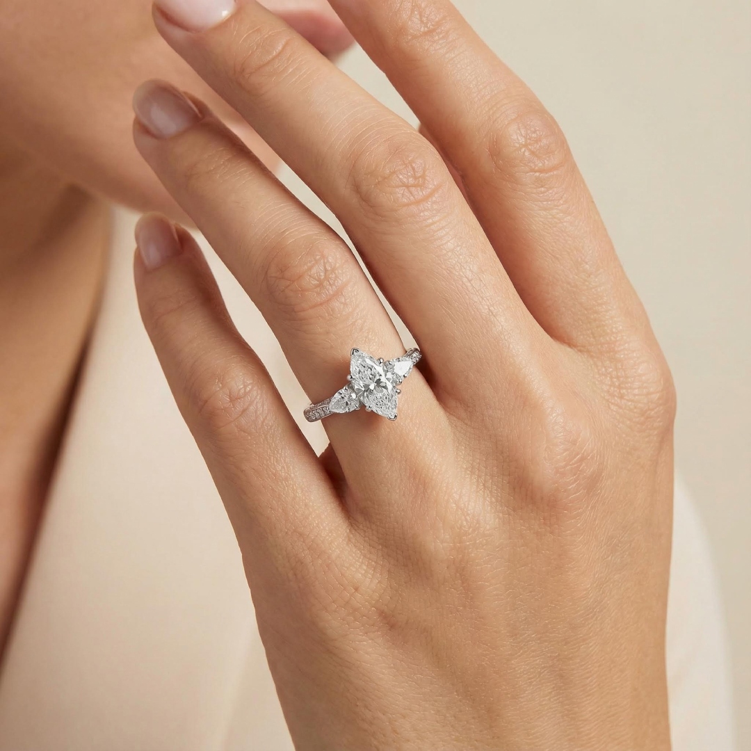 Marquise Cut VVS Moissanite Three Stone Engagement Ring