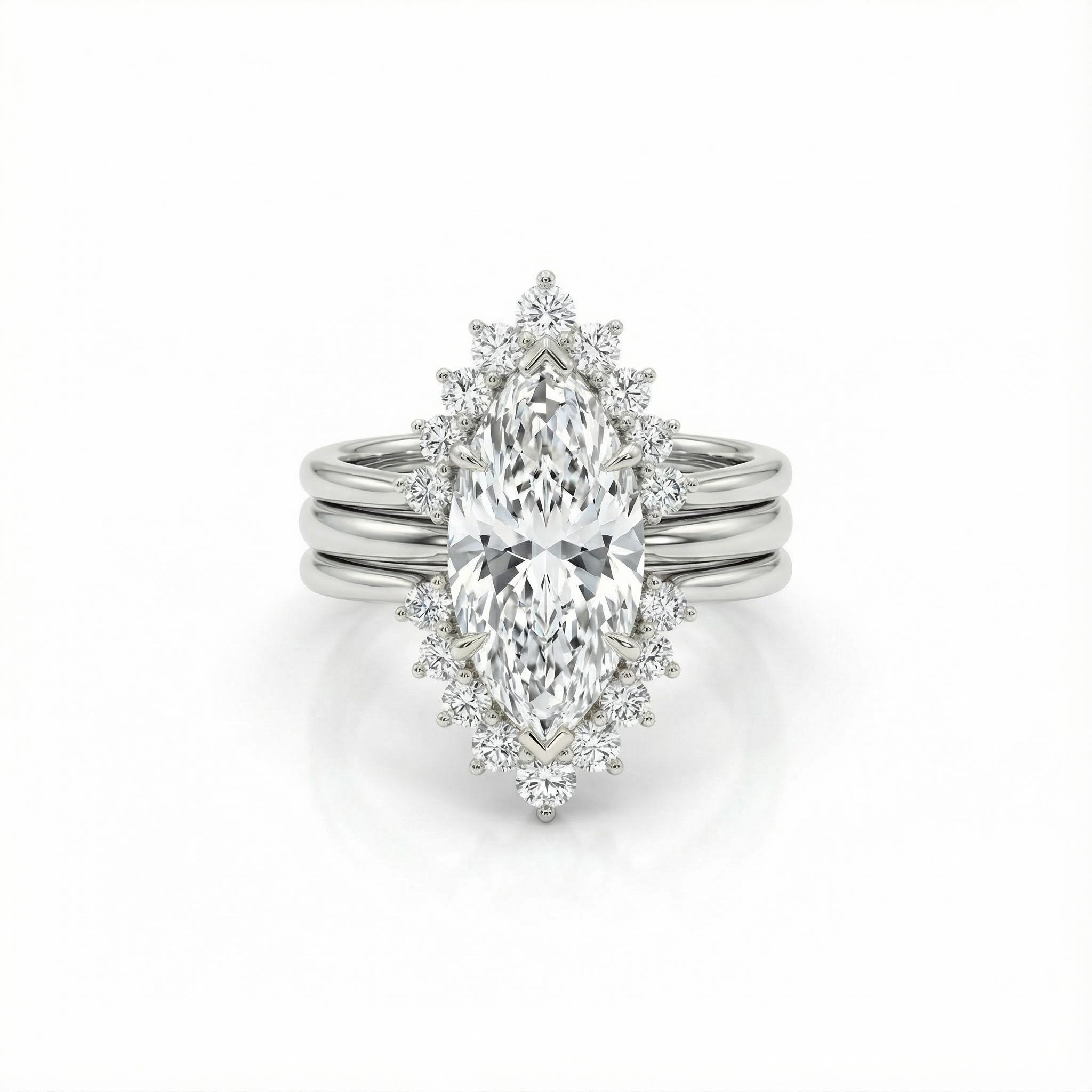 Marquise Cut VVS Moissanite Halo Engagement Ring Set