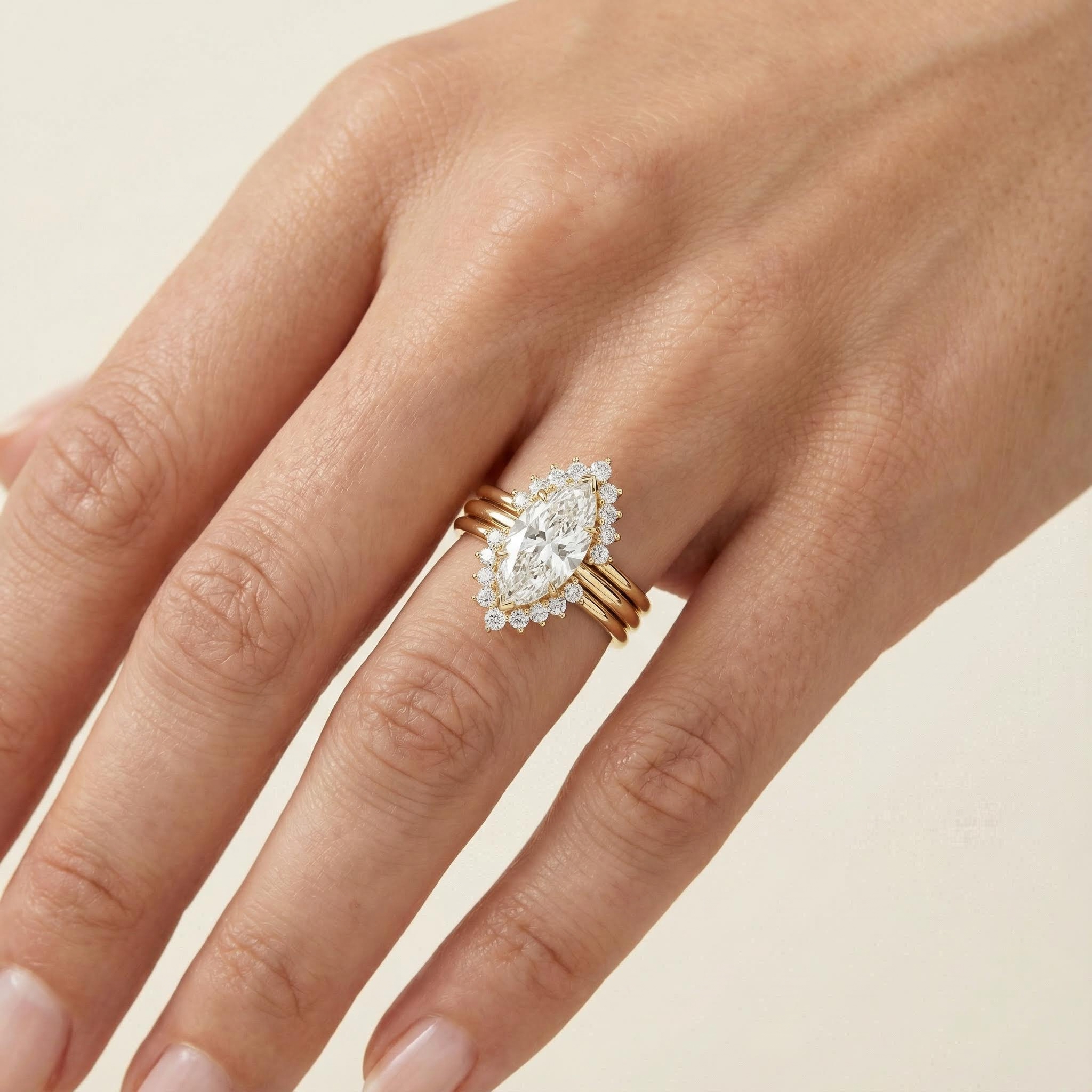 Marquise Cut VVS Moissanite Halo Engagement Ring Set