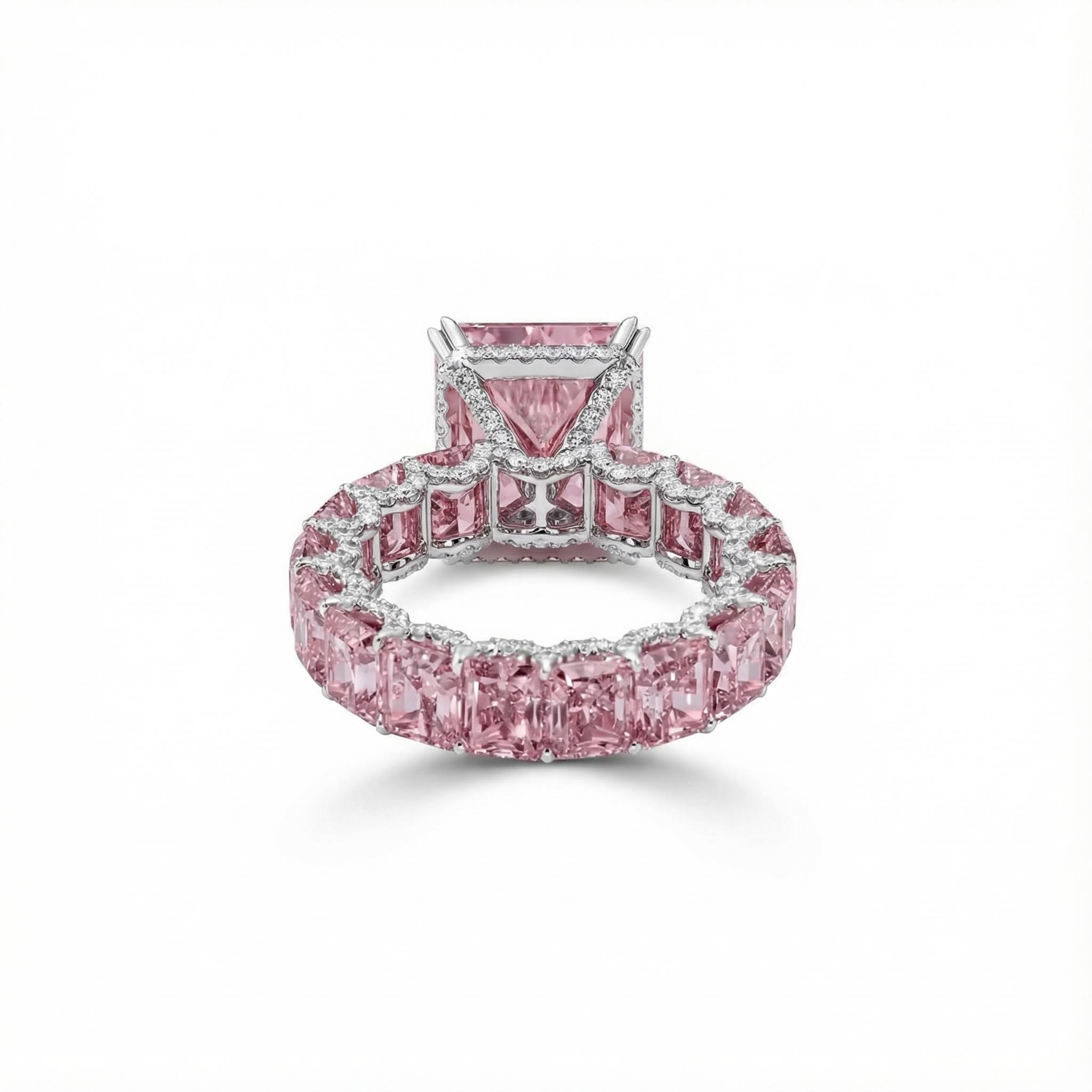 S925 Silver Pink Radiant Cut Pave Halo Engagement Ring S925 Silver Pink Radiant Cut Pave Halo Engagement Ring