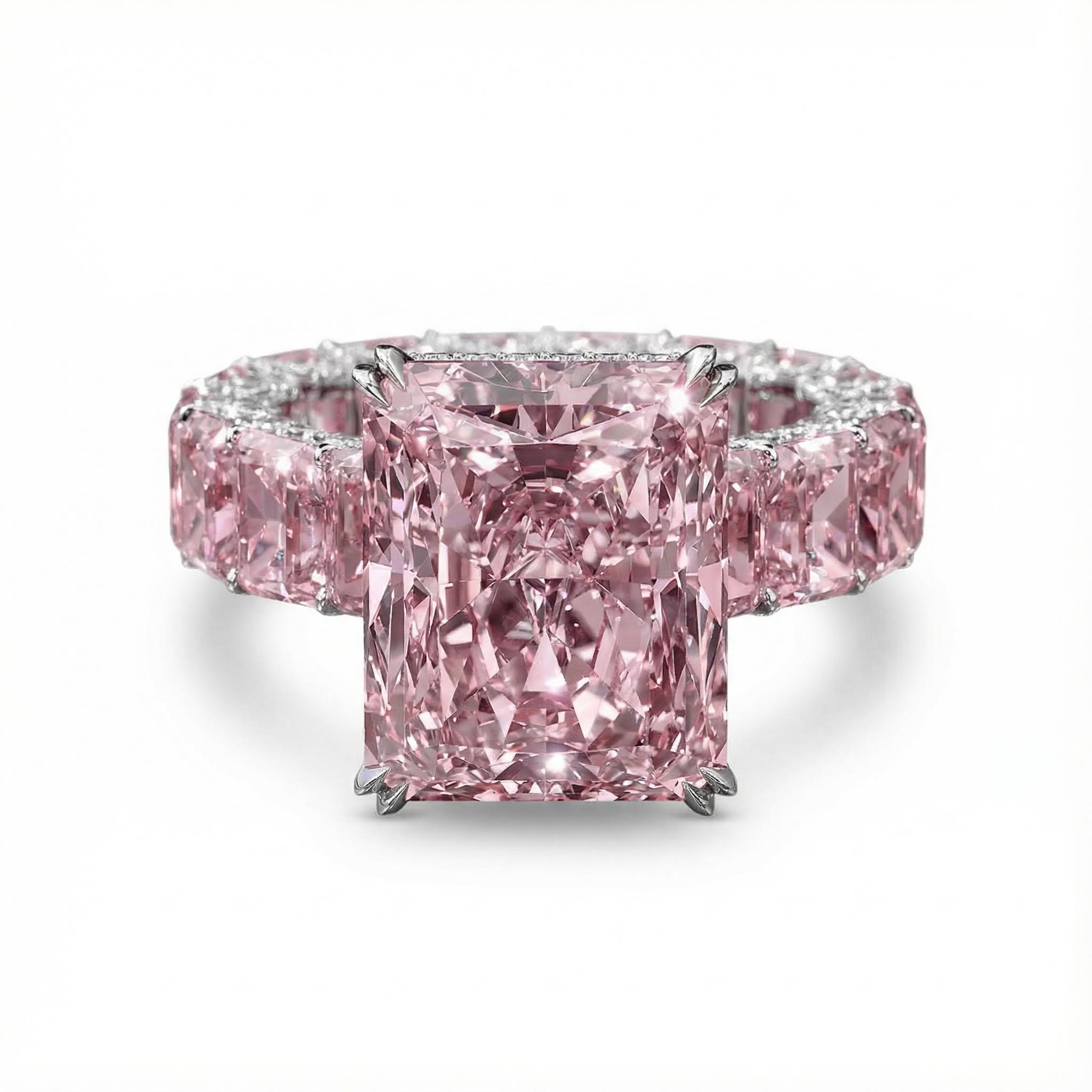 S925 Silver Pink Radiant Cut Pave Halo Engagement Ring S925 Silver Pink Radiant Cut Pave Halo Engagement Ring