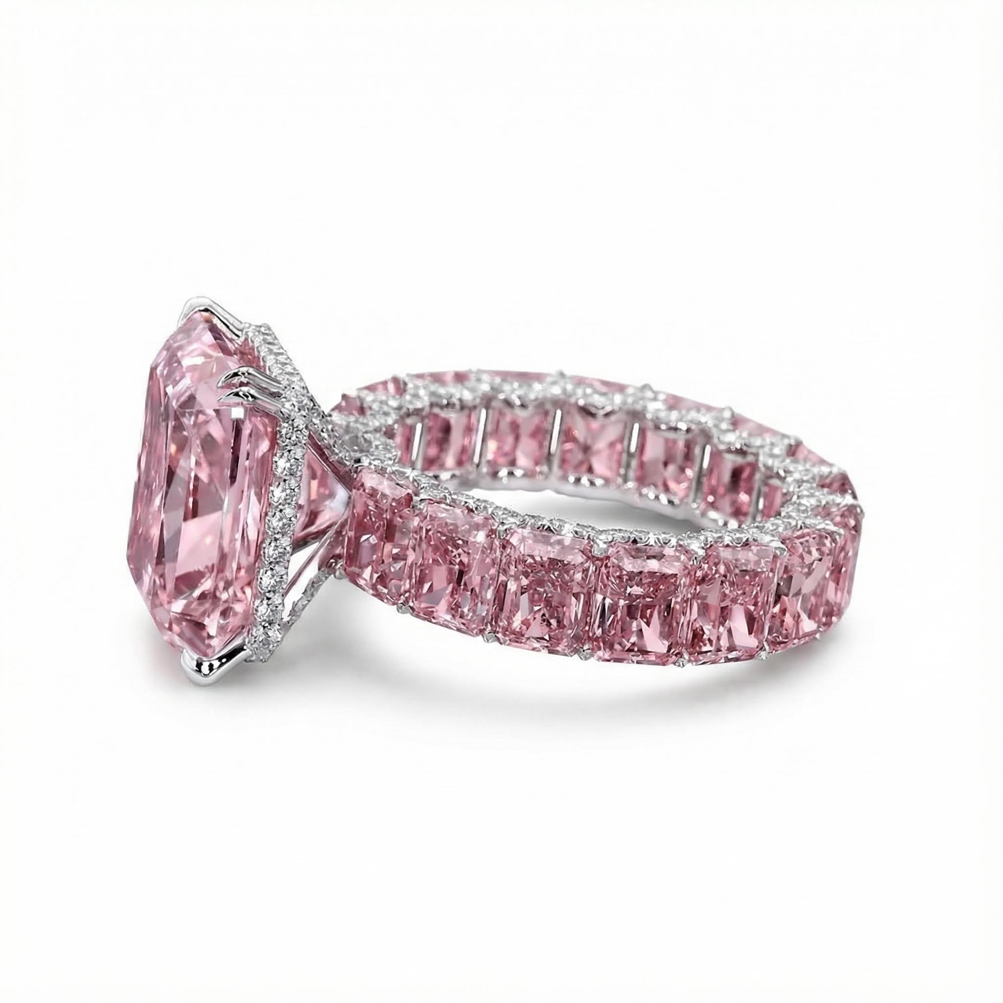 S925 Silver Pink Radiant Cut Pave Halo Engagement Ring S925 Silver Pink Radiant Cut Pave Halo Engagement Ring