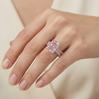 S925 Silver Pink Radiant Cut Pave Halo Engagement Ring