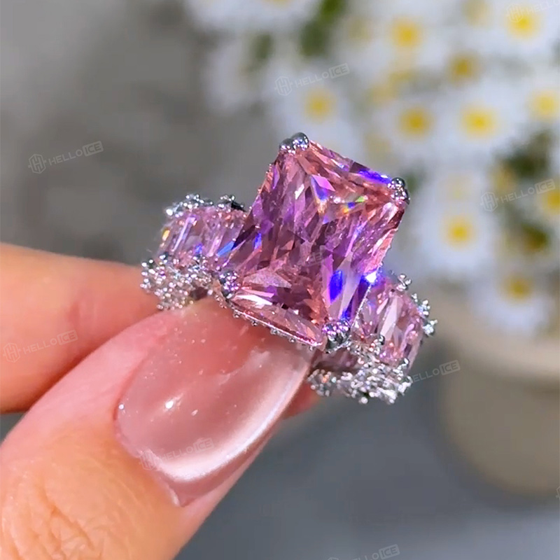 S925 Silver Pink Radiant Cut Pave Halo Engagement Ring S925 Silver Pink Radiant Cut Pave Halo Engagement Ring