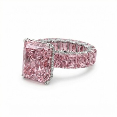 S925 Silver Pink Radiant Cut Pave Halo Engagement Ring