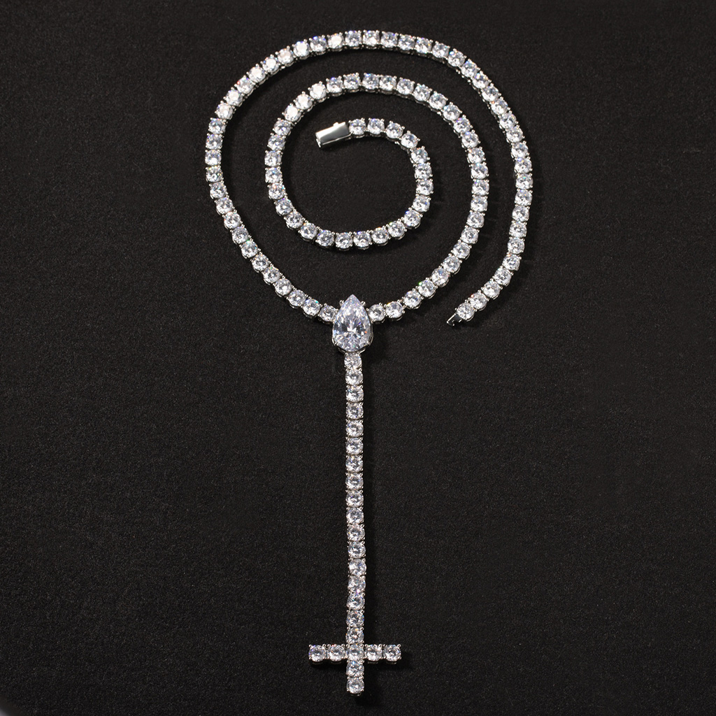 Iced Out Pear Cut Upside Down Cross Tennis Chain Necklace