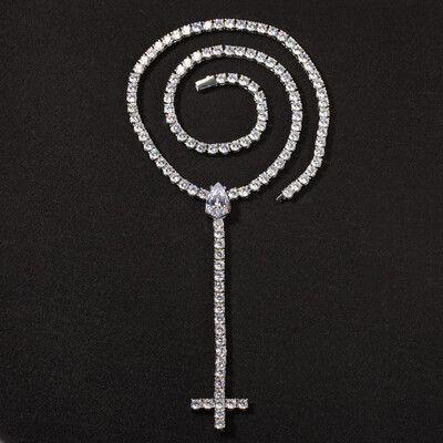 Iced Out Pear Cut Upside Down Cross Tennis Chain Necklace