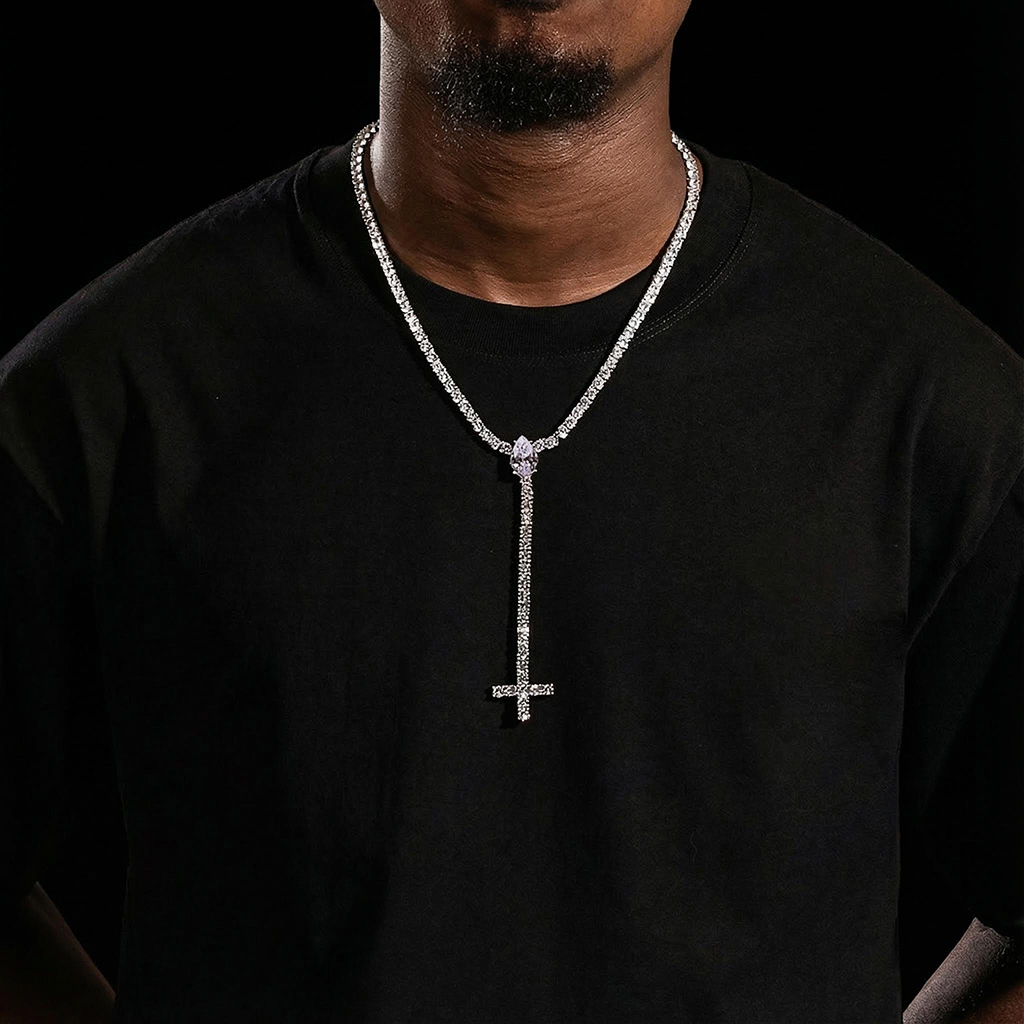 Iced Out Pear Cut Upside Down Cross Tennis Chain Necklace