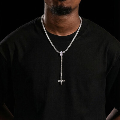 Iced Out Pear Cut Upside Down Cross Tennis Chain Necklace