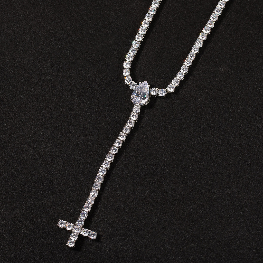 Iced Out Pear Cut Upside Down Cross Tennis Chain Necklace