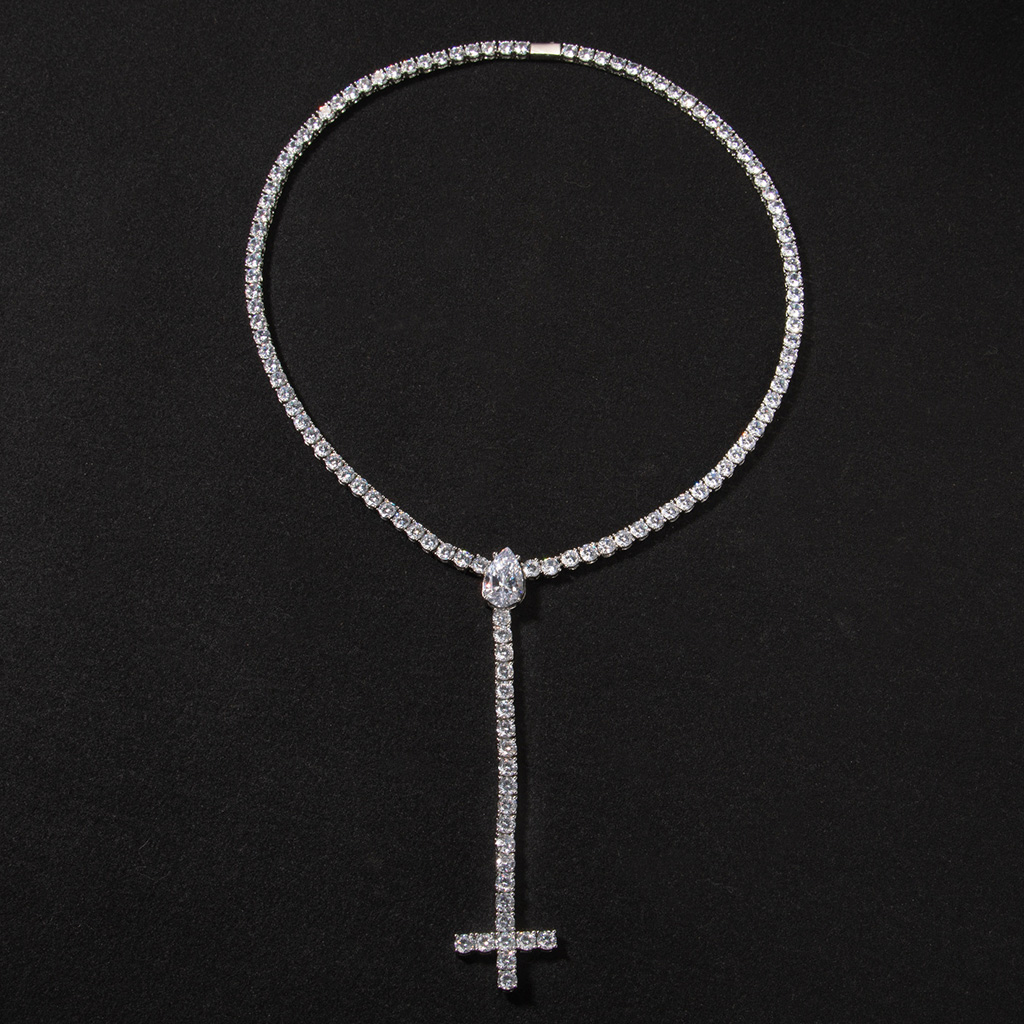 Iced Out Pear Cut Upside Down Cross Tennis Chain Necklace