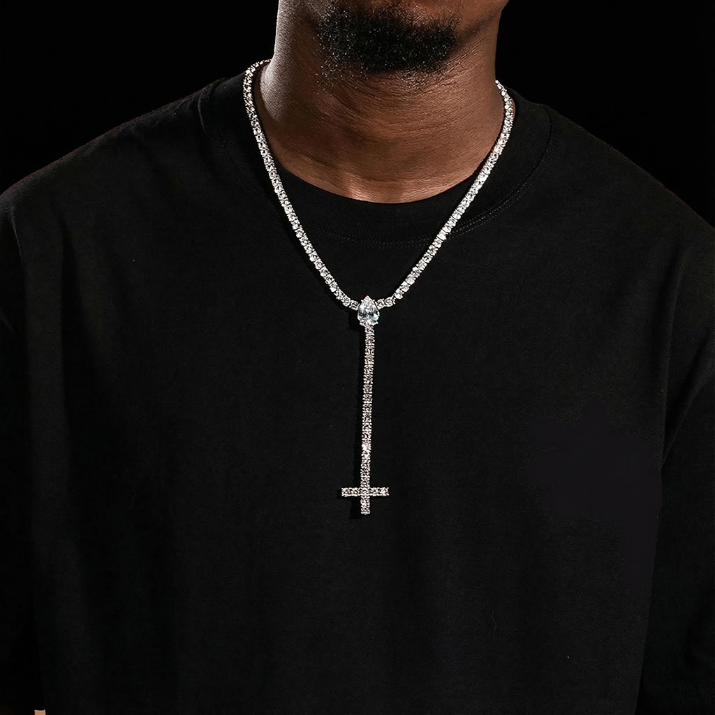 Iced Out Pear Cut Upside Down Cross Tennis Chain Necklace