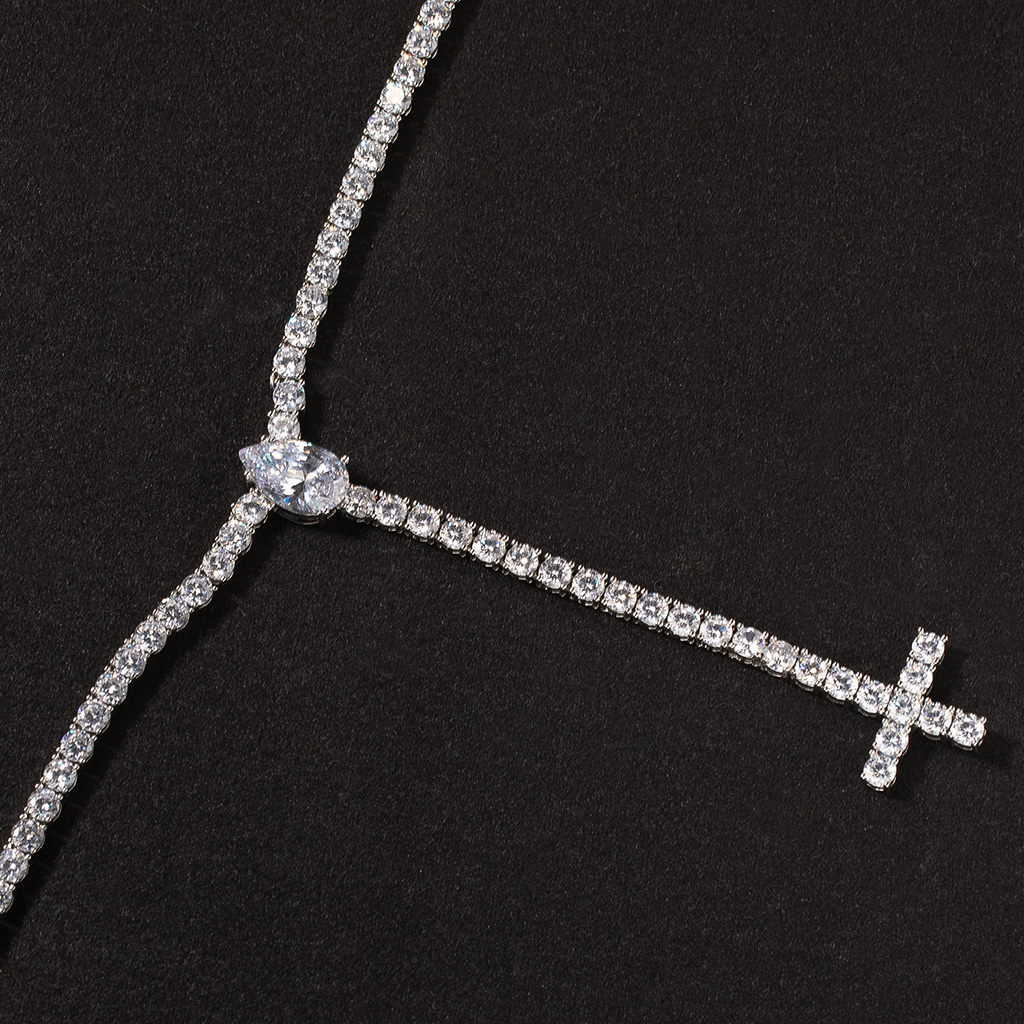 Iced Out Pear Cut Upside Down Cross Tennis Chain Necklace