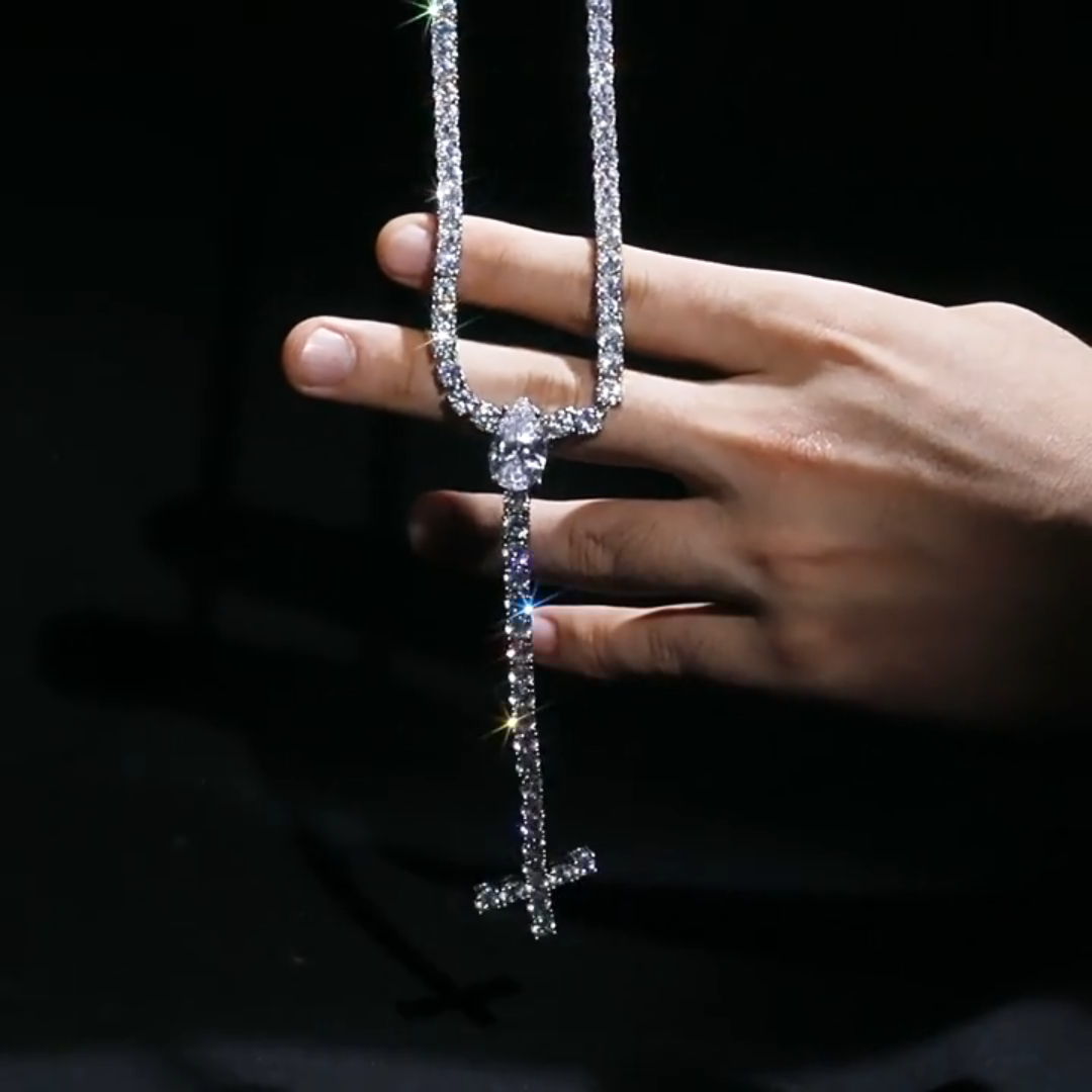 Iced Out Pear Cut Upside Down Cross Tennis Chain Necklace