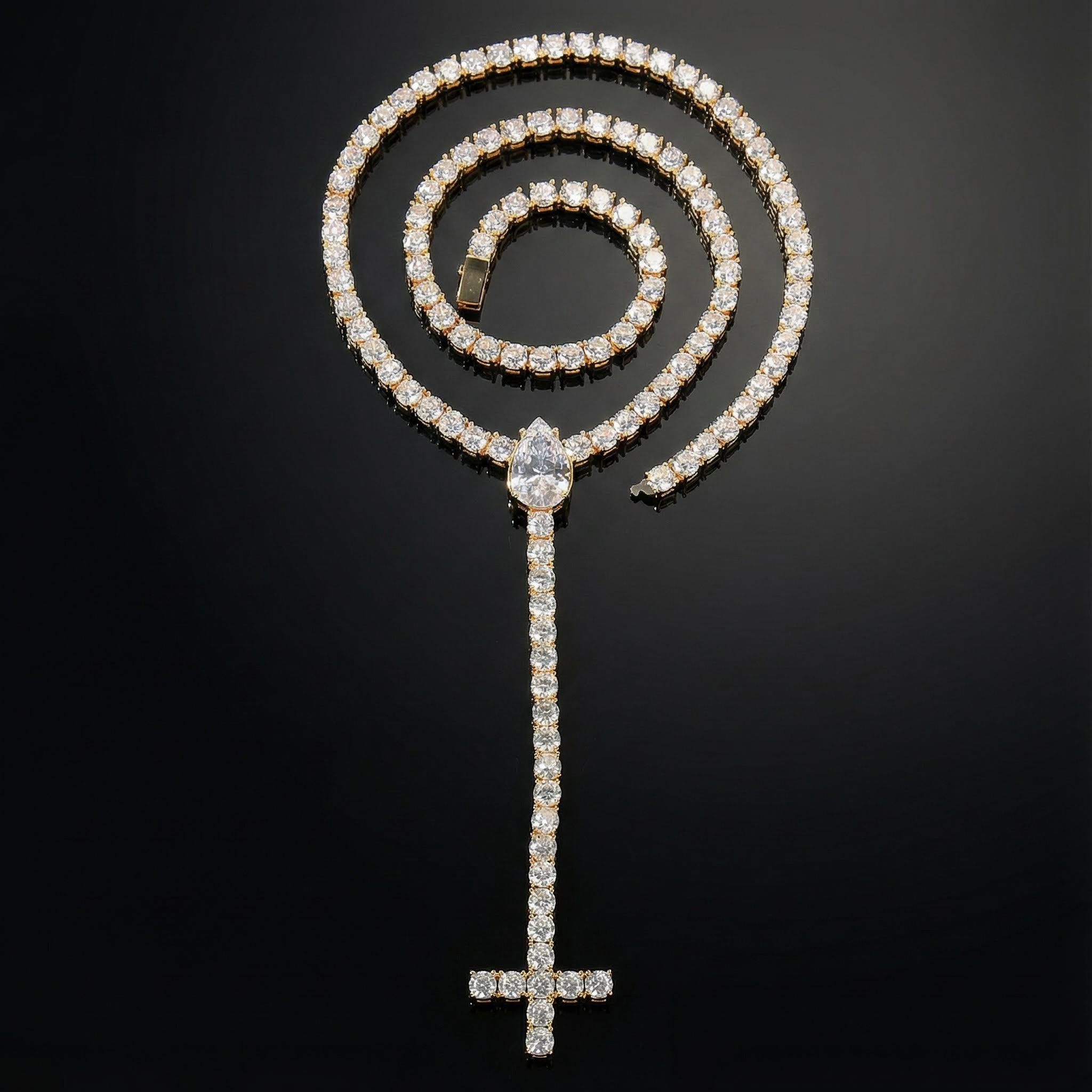 Iced Out Pear Cut Upside Down Cross Tennis Chain Necklace