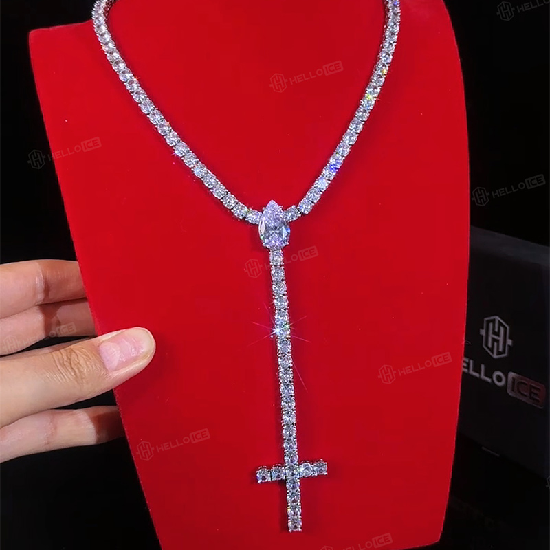Iced Out Pear Cut Upside Down Cross Tennis Chain Necklace