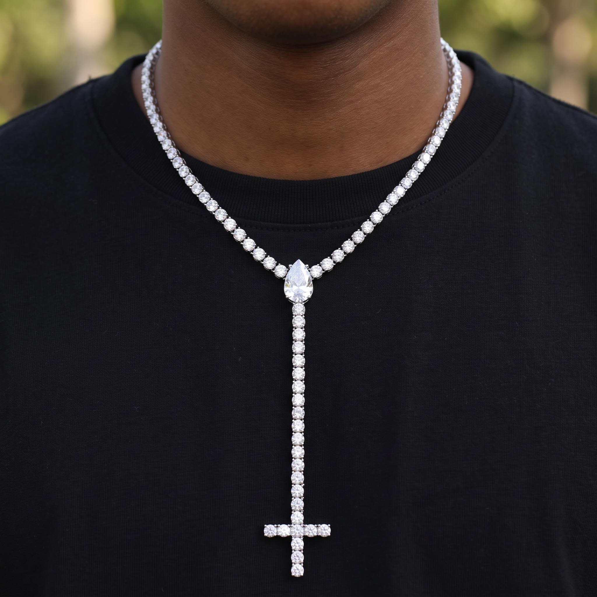 Iced Out Pear Cut Upside Down Cross Tennis Chain Necklace