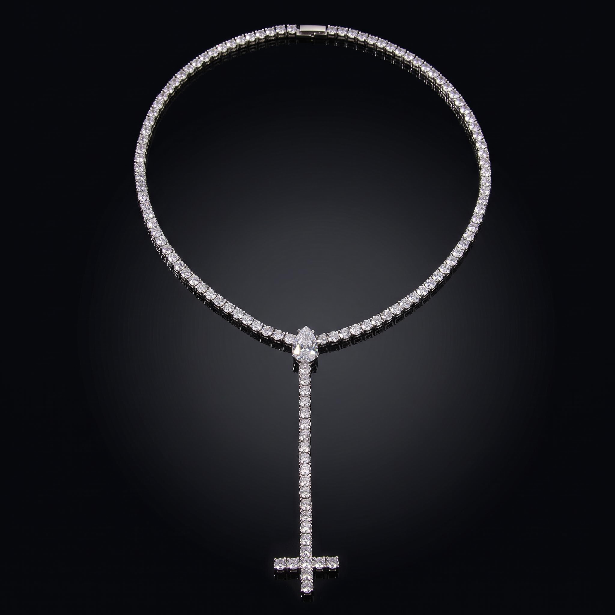 Iced Out Pear Cut Upside Down Cross Tennis Chain Necklace