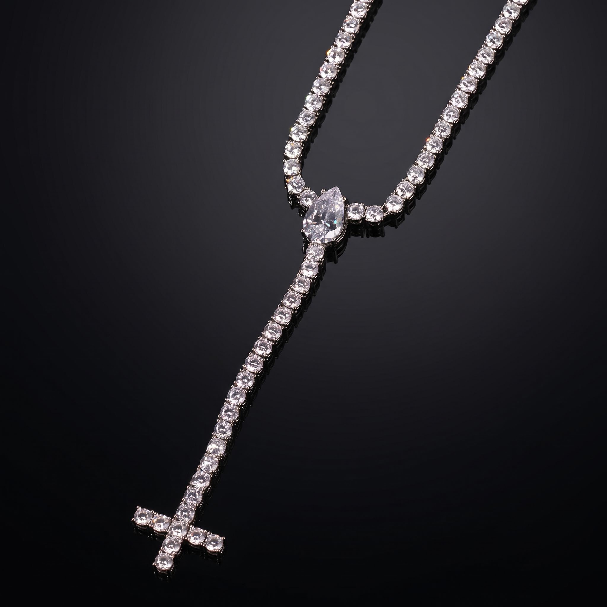 Iced Out Pear Cut Upside Down Cross Tennis Chain Necklace