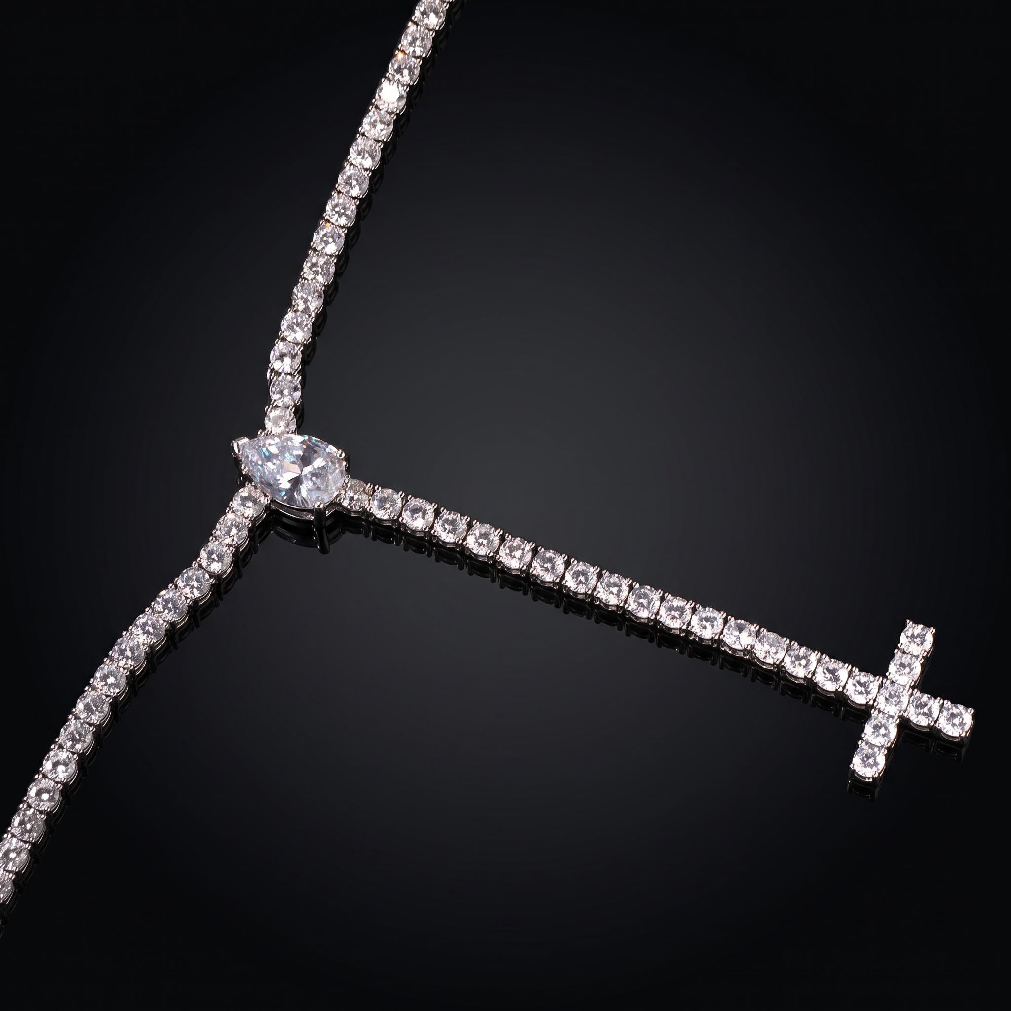 Iced Out Pear Cut Upside Down Cross Tennis Chain Necklace